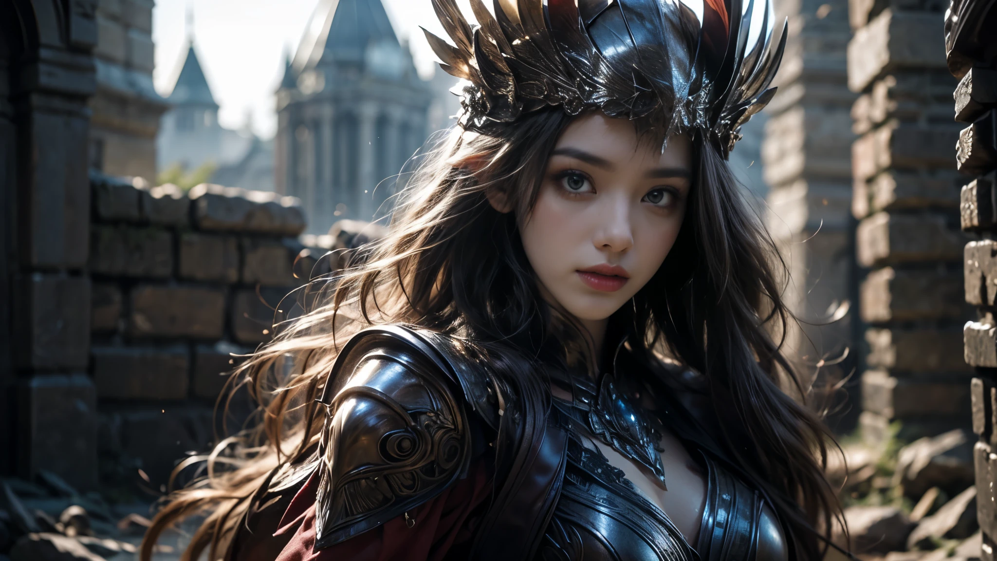 Beautiful Portrait of a Perfect Female Elf Warrior , Invisible long hair, 完美特征, (Extravagant armor), Abstract Beauty , sexy body on your upper body,Almost perfect, Pure Form, dynamic pose, castle ruins background, (Dark Shadows), (Intense Cinematic Lighting ), Intricate Details, 8K Post-production, high resolution , super detailed, sharp focus, Depth of field/1.8, Studio Photos, ((( looks at the camera))). Upper Body Lens