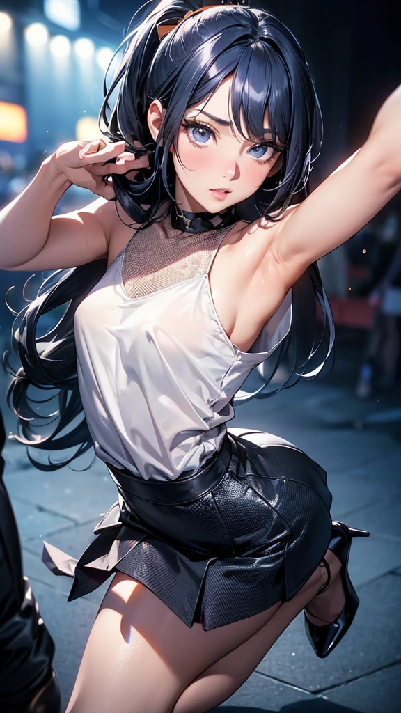 (Masterpiece:1.5), best quality, (illustration:1.2), (anime art), Eye focus, girl with pale skin, female with ((two tiny long braids:1.5)), (black hair), (two bundles on the head), blunt bangs, yellow eyes, playful, ((dynamic hair)), ((black skirt)), black stockings, choker, sharp focus, (short black shirt), 8k high definition, insanely detailed, belly, tongue piercing, ear piercing, intricate, elegant, very inspirational, arthouse, cinematic atmosphere, artstation, ilya kuvshinov, zeronis, WLOP, Stanley Artgerm Lau, Ruan Jia and Fenghua Zhong