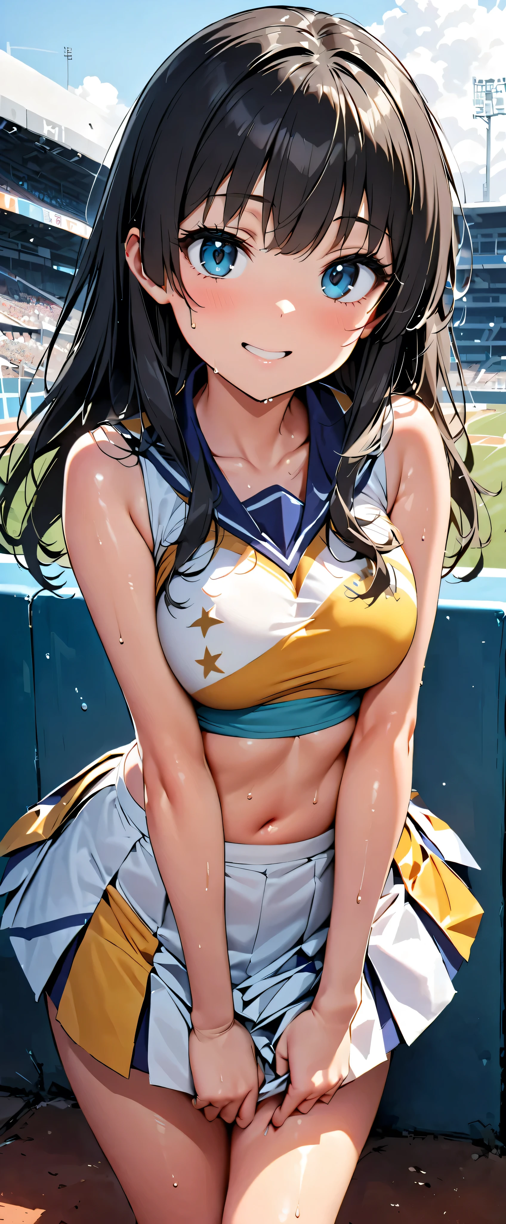 ( masterpiece, top quality, Ultra A High Resolution),Japanese woman alone, ((( a very pretty girl ))), cute girl、Staring at the photographer、 (()), very cute face, glossy lips, , natural smile 、 Natural Cosmetics, long lashes, Shiny Smooth Hair 、, Perfect Limbs , perfect anatomy,((( shining cheer uniform , cheerleader, cheerleader, tube top)))) STADIUM,Saten Ruiko, sweaty,((( tube top)))Gloss Lip, with a cheerful smile