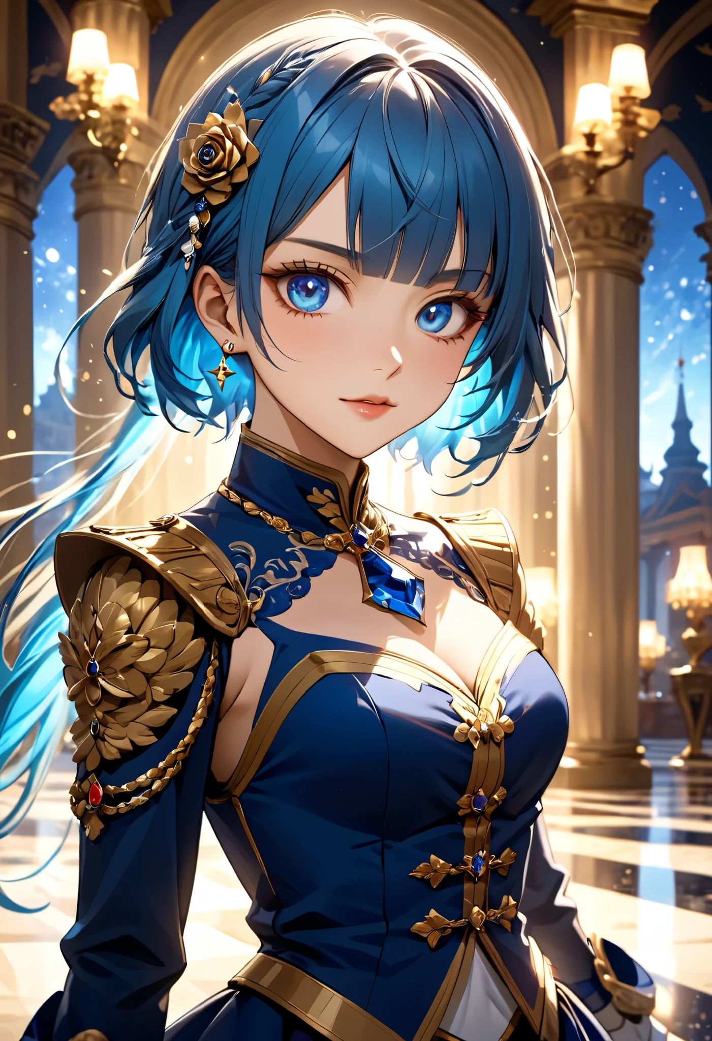 最TOP QUALITY, TOP QUALITY, 16k, unbelievably absurd, very detailed, 2.5D,  Delicate and Dynamic  , Small face,  very delicate expression ,  delicate eye description ,upper body close-up,  erotic,  sexy woman,(  mature body), Healthy Body ,*"A highly detailed dreamy fantasy anime-style illustration of a noble and elegant young female swordsman in 18th-century French military attire, inspired by the style of 'The Rose of Versailles.' of a 20 year old beautiful girl. gyaru-style makeup.regal military officer with a noble and commanding presence. break(((The character has short pixiecut with naturally flowing bangs.))) wavy blue hair , Their cute fine eyes are a striking shade of deep blue, with a piercing yet elegant gaze. Their facial features are sharp and refined, exuding a sense of strength and dignity. She stands inside a grand palace hall with intricate gold-trimmed columns and luxurious chandeliers, exuding a sense of royalty and refinement.Her military uniform consists of a royal blue and gold-embroidered jacket with elaborate epaulettes on the shoulders, a high-collared white ruffled blouse underneath, and a fitted white waistcoat. She wears tailored white trousers tucked into knee-high black leather boots with gold trim. A ceremonial sash crosses her chest, adding to her dignified appearance.Her long, wavy blue hair flows behind her as she gracefully swings a finely crafted silver rapier. The blade emits a brilliant, bluish-white magical glow, leaving behind a trail of sparkling energy. Her sharp blue eyes are filled with determination and grace, reflecting her mastery of the blade.The grand palace hall in the background is bathed in soft candlelight, with gleaming marble floors and walls adorned with intricate gold detailing. A large, elegant mirror reflects the action, further enhancing the luxurious atmosphere. The anime-style rendering captures fluid movement, detailed shading, and dramatic lighting, making the scene both dynamic and visually stunning."*