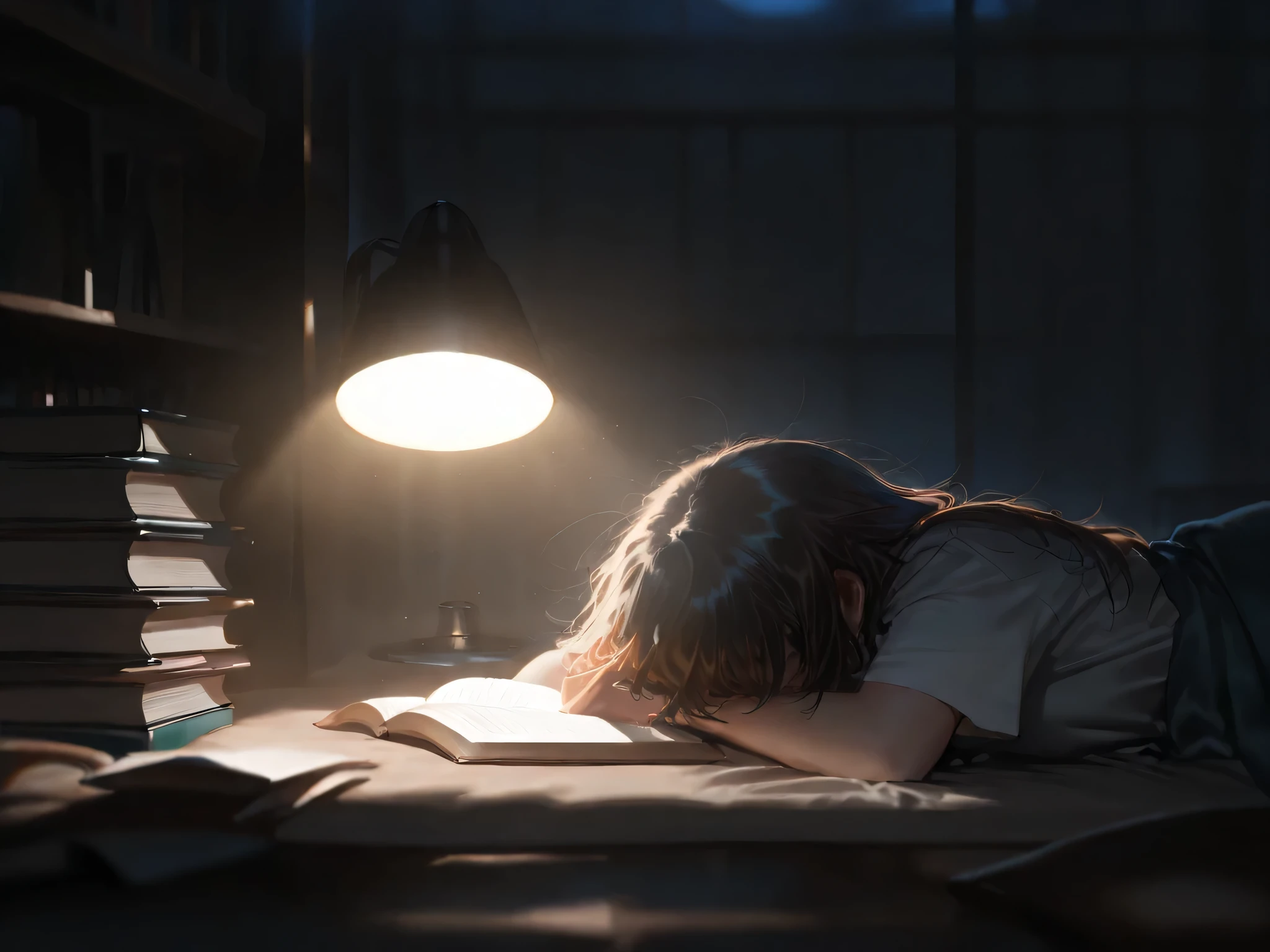 (( masterpiece, )), high resolution,  8,000, movie light,  high contrast ,book,stress ,read,night,anxiety