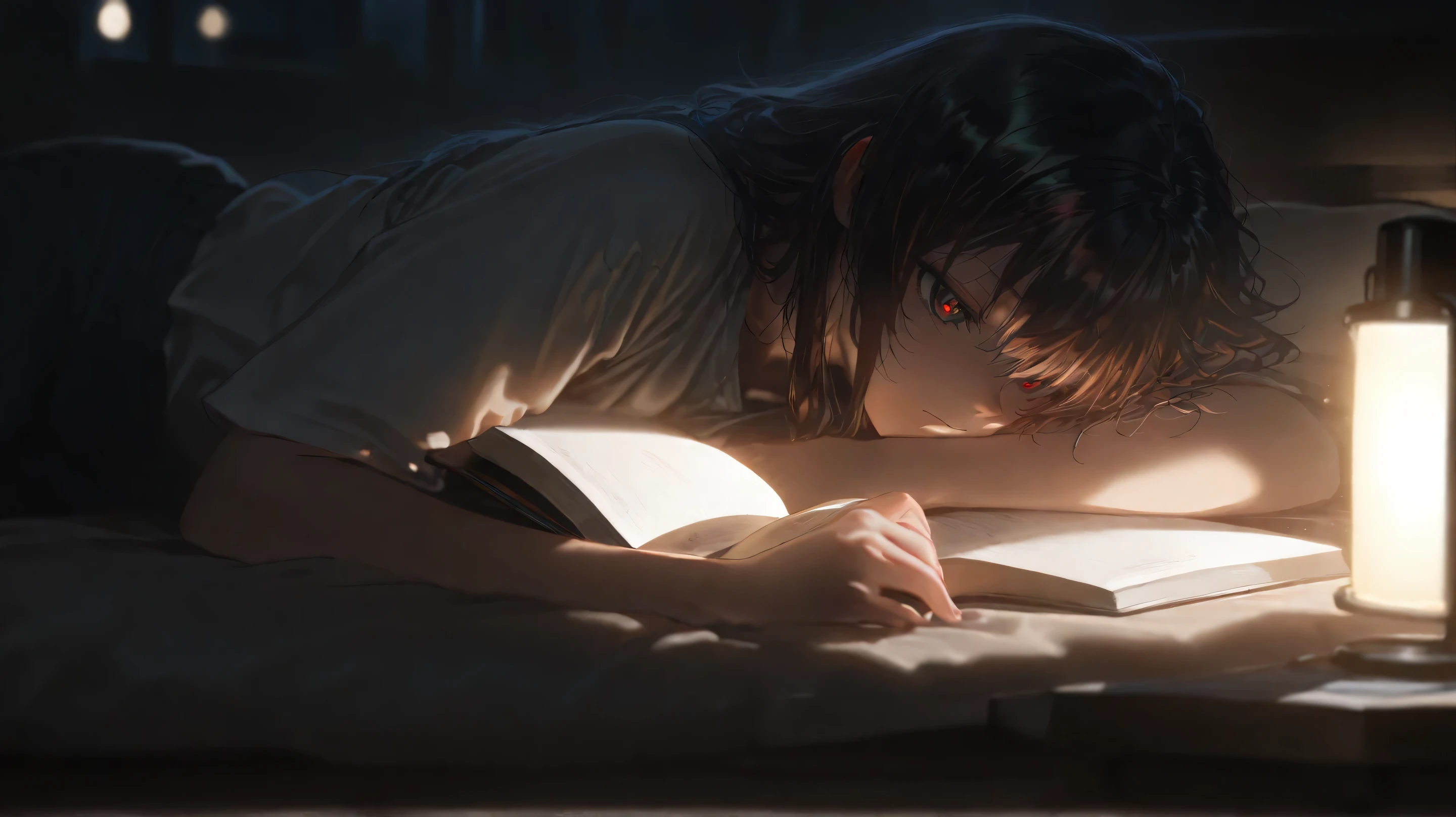 (( masterpiece, )), high resolution,  8,000, movie light,  high contrast ,book,stress ,read,night,anxiety