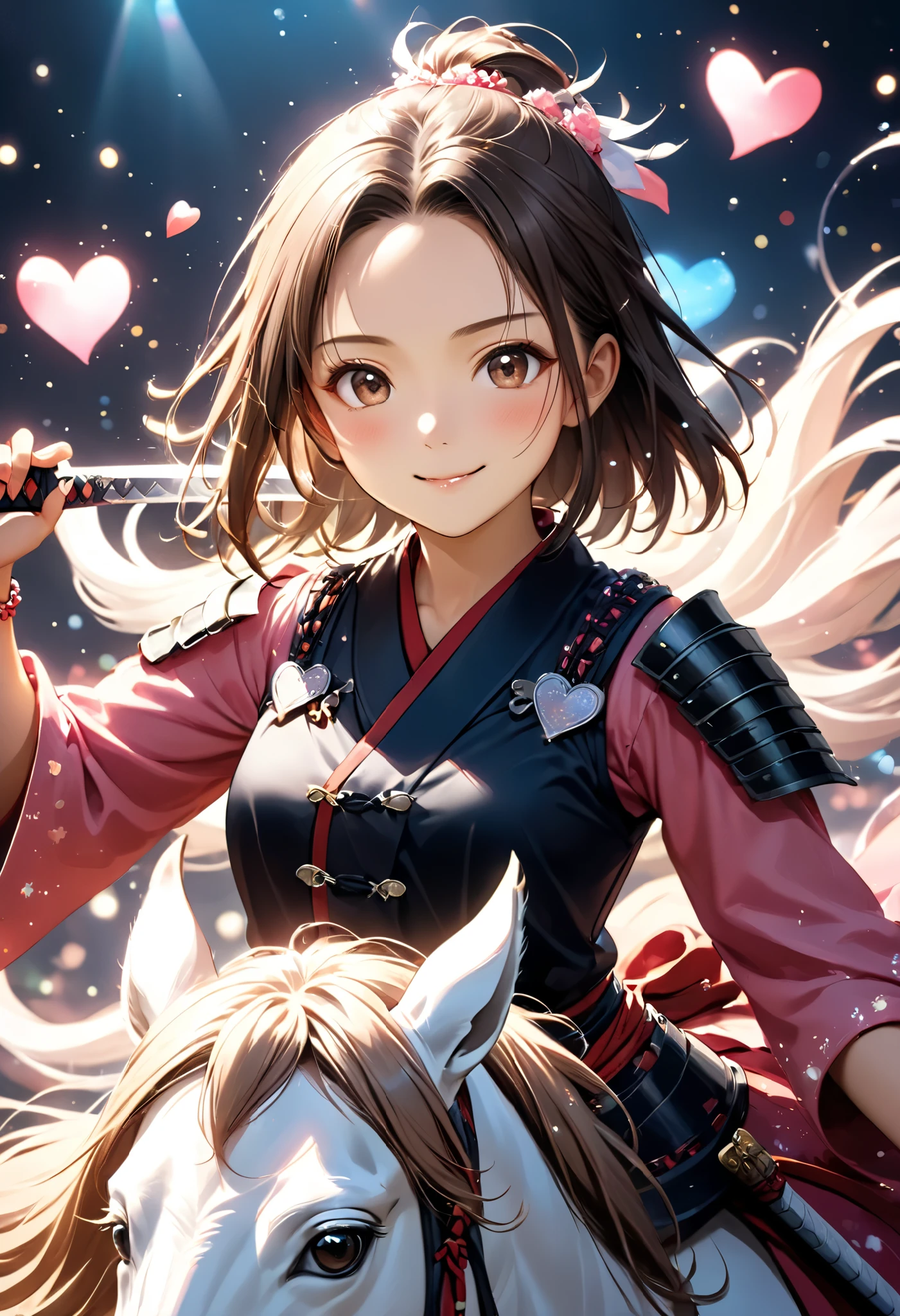 最TOP QUALITY, TOP QUALITY, 16k, unbelievably absurd, very detailed, 2.5D, Delicate and Dynamic , Small face, very delicate expression , delicate eye description ,cowboy shot, erotic, sexy woman,( mature body), Healthy Body , realistic, a girl, pretty face girl, evil smile, samurai, samurai girl, samurai armor, pink clothing, Dreamy anime-style illustration of a 20 year old beautiful girl.with fully slicked-back dark brown hair, showcasing her forehead, (((Forehead:1.3))),with a short, rounded bob haircut. The bangs are simply parted and designed to show a little forehead. Hair color should be natural dark brown, adding a soft sheen.cute fine Eyes should be small black dots for a simple and friendly look. Her expression should be smiling, with light pink blush added to her cheeks to create warmth. gyaru-style makeup. riding white horse, handing japan sword, detailed beautiful face and eyes.surrounded by falling many gorgeous and glitter colorful heart pouring down. with sparkling light particles in the background, giving a magical and ethereal feel. Square aspect ratio. BREAK Various effects, Delicate and Dynamic なテクスチャ, The contrast of light and shadow, 2.5D, Art Photography, surreal, Digital Graphics CG , BREAK super detailed , absolute resolution, TOP QUALITY