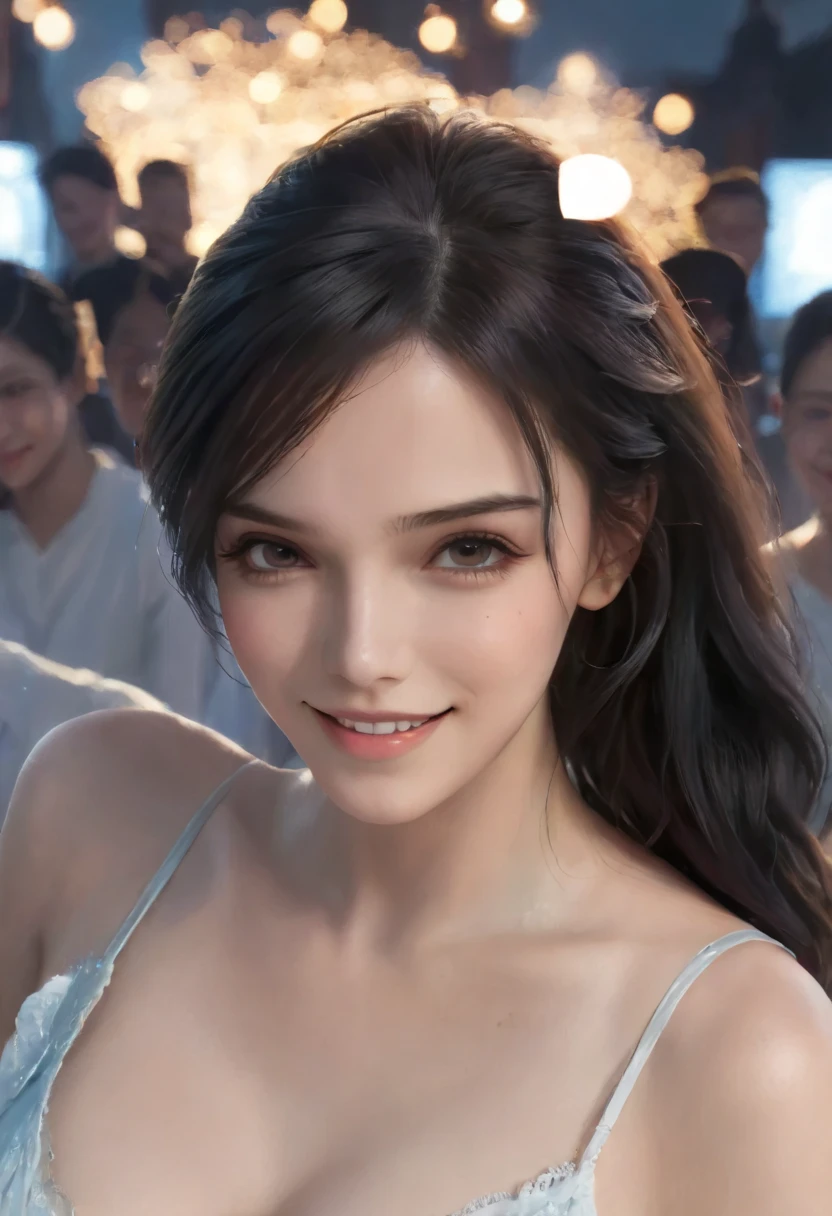 Black Haired Smiling Girl,delicate face,and stare at the audience, masterpiece,(TOP QUALITY,4K,8k,high resolution,超high resolution,realistic,photorealistic:1.37),Disney Style Doodle, Best Shadow,Best lighting, cinematic light , white skin tone
