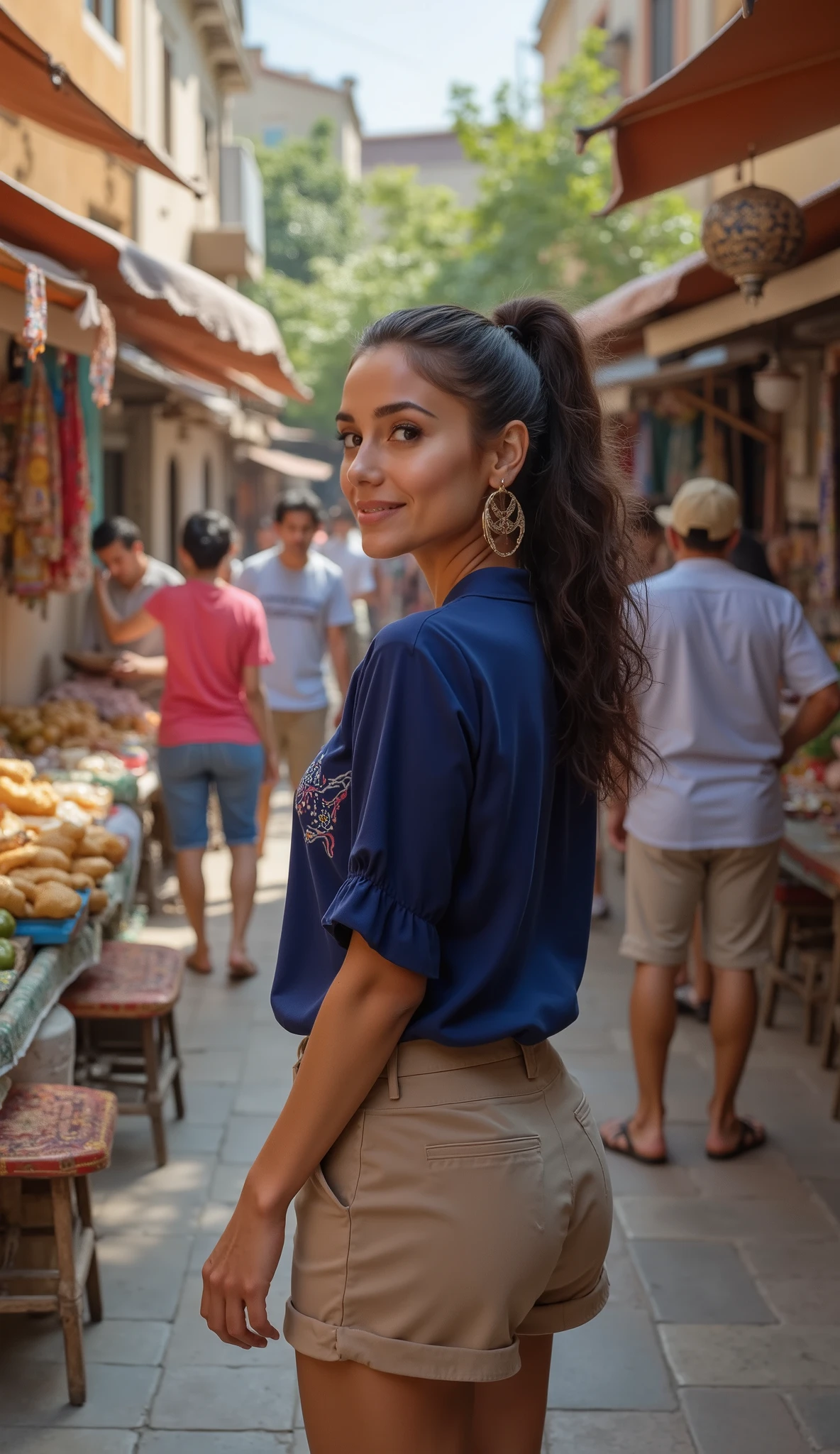 (masterpiece, ultra-detailed, cinematic, high-resolution, exotic port bustling with local culture and activity, ((The influencer stands at the forefront of a lively marketplace, her bright, expressive eyes wide with excitement as she examines a handcrafted souvenir. Her long, wavy dark brown hair is pulled back into a stylish ponytail, and she wears a casual yet chic ensemble: a deep sapphire blouse with subtle embroidery and comfortable khaki shorts. Minimalistic silver hoop earrings catch the sunlight as she turns to smile at a local vendor, her relaxed and engaging demeanor fostering a genuine connection, fully immersed in the vibrant tapestry of the locale)), ((The marketplace is a sensory feast, with colorful stalls displaying an array of goods from fresh produce to intricate textiles. The air is filled with the enticing aromas of street food and the melodic sounds of local musicians performing nearby. The backdrop features historic architecture juxtaposed with lush greenery, encapsulating the rich cultural heritage of the port city)).