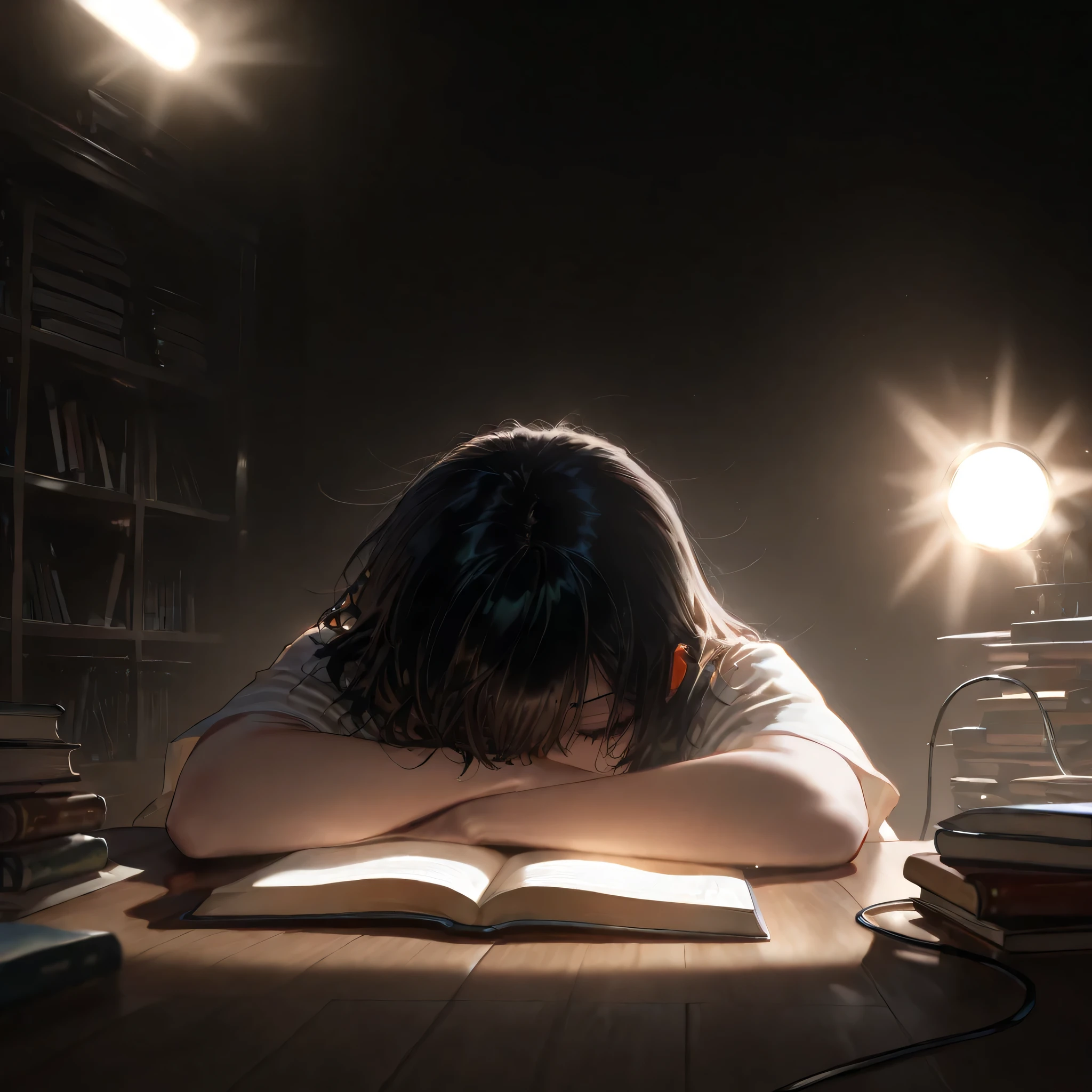 (( masterpiece, )), high resolution,  8,000, movie lights,  high contrast ,book,stress ,read,night,anxiety