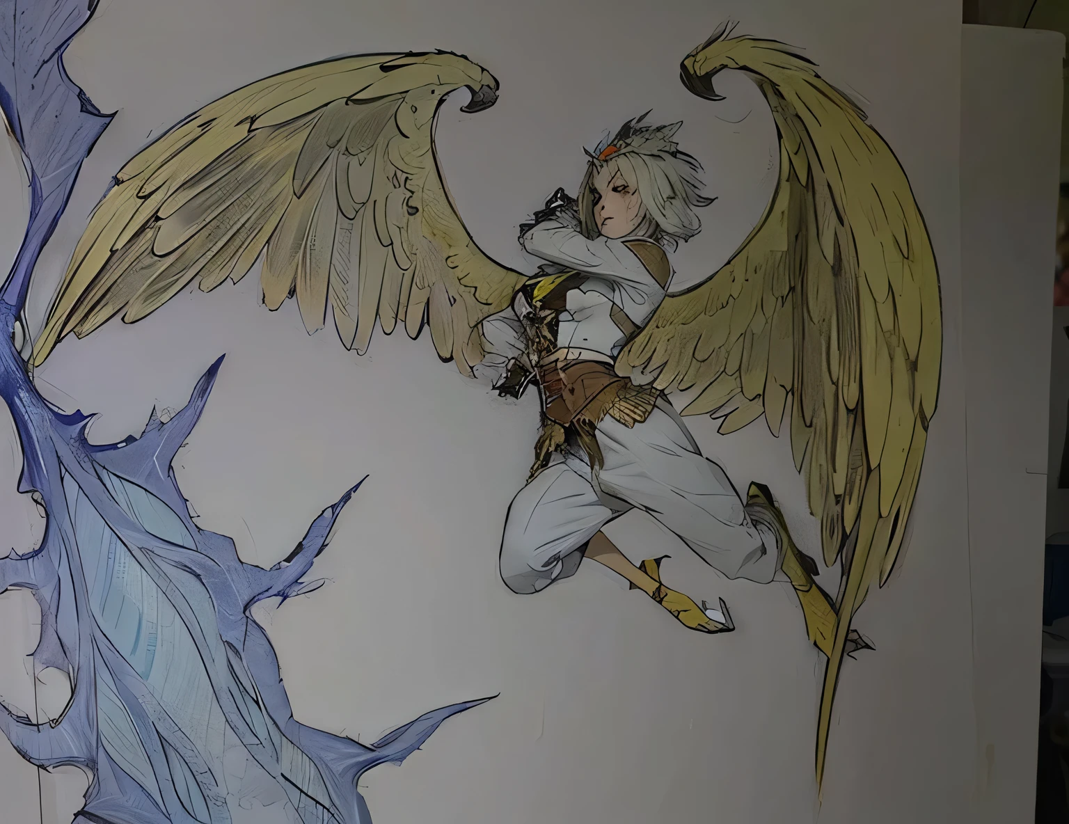 One has wings on its head,Painting of a man with a bird on his shoulder, clean lineart, bold lineart, Simple lines of art, thick lineart, extremely fine ink lineart, clean anime outlines, perfect lineart, Line art!!, linear art, intense line art, thick black lineart, epic angle and pose, wip