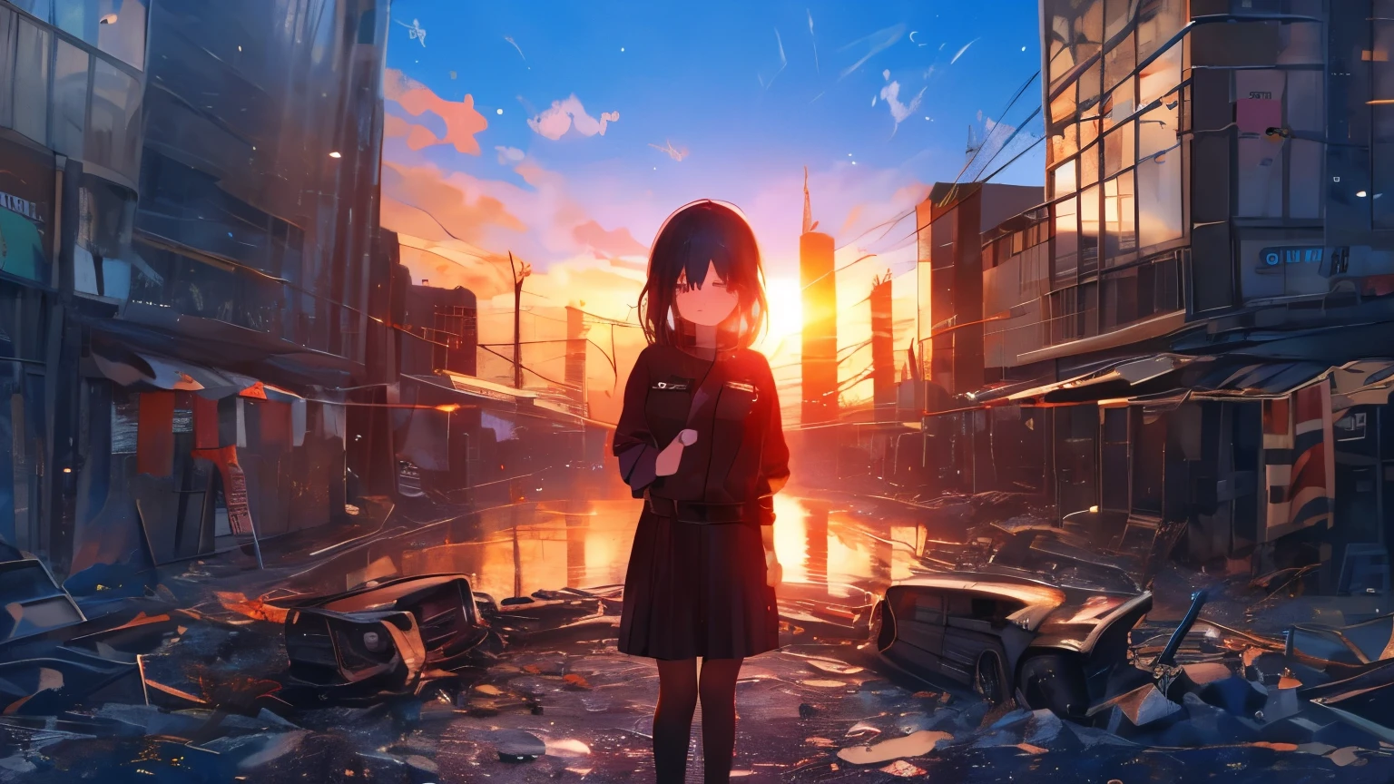 high resolution, TOP QUALITY, masterpiece, very detailed, anime style, movie,A large city ruined by a disaster、 skyscrapers、City、A beautiful girl in uniform standing all over、Broken car、 Gravel Mountain、burning everywhere、A bright red sunset