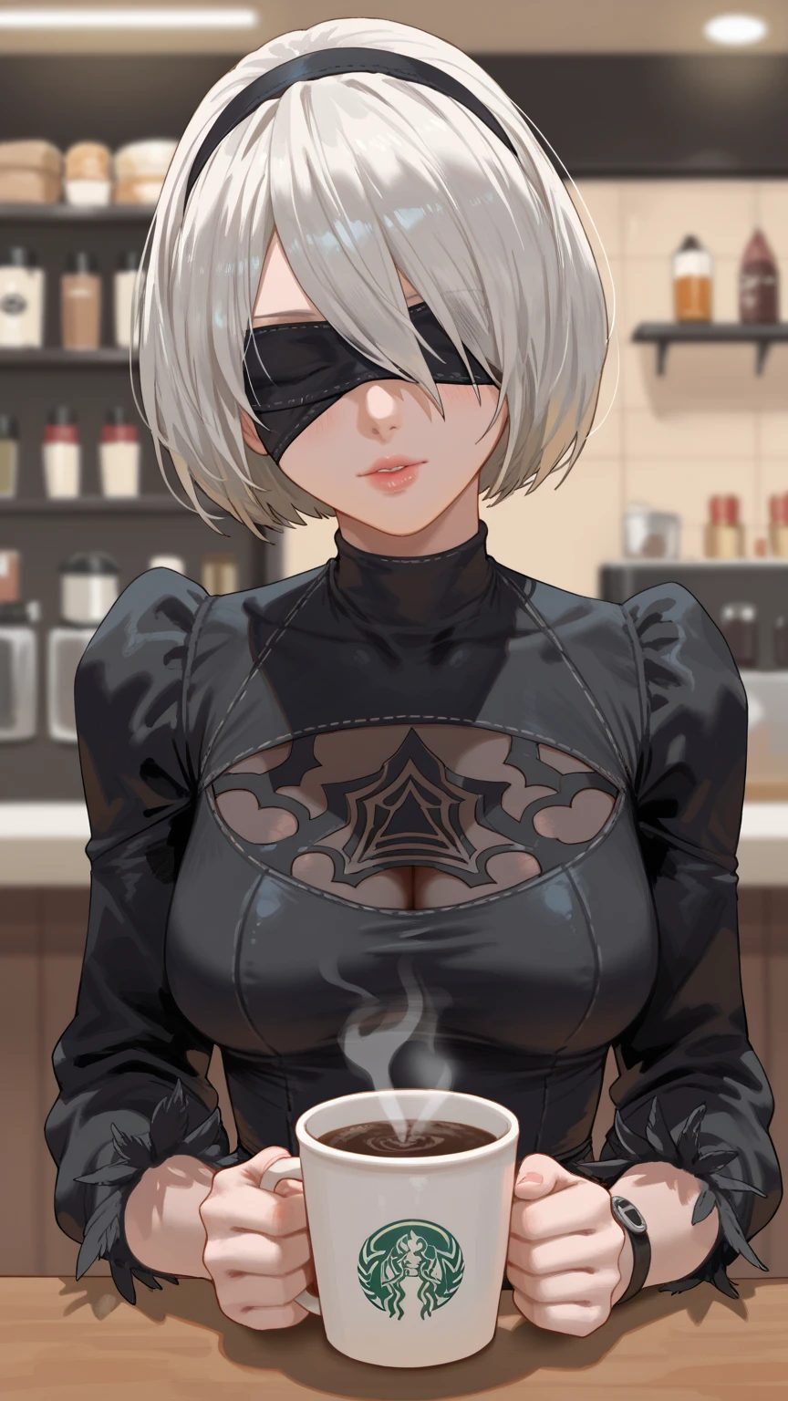 (Best Quality, Masterpiece),sexy mommy,full-length photo, high heels, eyes covered by a black mask, Front cover of a women's cooking magazine,  erotic, 18+, nsfw, 1girl, 30 years old, stunning, cute, smile, hourglass figure, Maid costume, beautiful food, text, diagrams, advertisements, magazine title, short white hair,grey detailed sparkling eyes,One strand of hair hangs down over his forehead