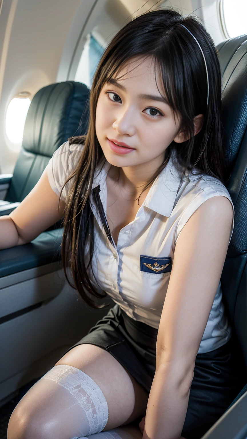 (looking at viewer:1.3), (masterpiece:1.3)、Super detailed finish、(High resolution、8k:1.3)、(highest quality)、(Super realistic like a photo:1.3)、correct limbs:1.3、anatomically correct, The face is in focus、close up on face:1.1、 ultra high definition face、Face is in focus、Ultra high definition and beautiful eyes、focused eyes、Eyes are symmetrical:1.3、High-definition and beautiful skin、firm skin、Ultra high definition hair texture、Japanese high school girl、17 years old、very cute, short hair, cabin attendant, (Japan Air Line cabin attendant uniforms:1.3), in a airplane, (Sitting with legs bent and knees hugged:1.3), thin legs、beautiful legs、panties、small breast, C cup、cleavage, (embarrassed:1.3), (blush:1.3), (Strange look:1.3), Awkward pose:1.3、dynamic pose, Mr.々shooting angle:1.3, looking at viewer:1.3, nsfw