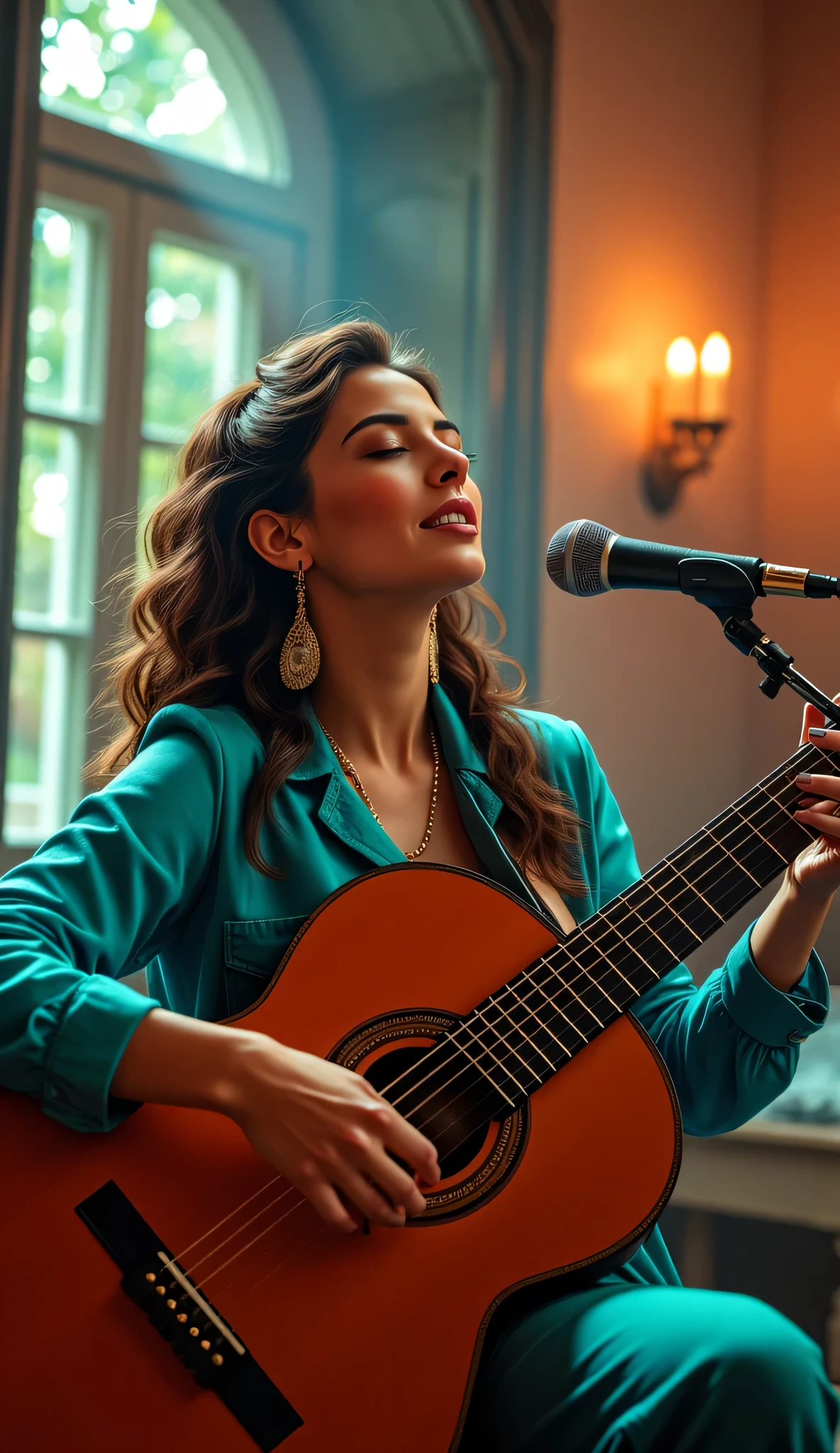 **Prompt:** Create a breathtaking scene using Unreal Engine 5 that features a symmetrically balanced, wide-angle composition of a passionate woman singer in a surreal music studio. The centerpiece is an angelic Italian woman, mesmerized in her performance as she holds and plays a beautifully realistic, intricately designed guitar. Her soulful connection to the music visibly resonates in the air, evoking emotions that harmoniously unite with the rhythm of her song. Utilize hyper-realistic textures and vivid details to capture the depth of the scene. The lighting should be a blend of mariachis modern style with captivating hues, creating a setting that feels alive with sound. Incorporate central leading lines that guide the viewer's eye through the image, emphasizing the woman's expressive hands as they skillfully navigate the guitar strings, showcasing accurate human anatomy and lifelike gestures. Employ a UHD ambiance with a wide-angle perspective, gradually zooming out to reveal an enchanting landscape as the backdrop, which enhances the overall artistic narrative. The atmosphere should be enriched with mixed lighting concepts, offering depth and dimension that pulls viewers into this immersive experience. Aim for a quality reminiscent of top-tier documentary photography, and consider the use of 3D CGI shaders to elevate realism further. Incorporate elements of Cassette Punk art and integrate finer details that reflect a unique artistic vision, ensuring that the image resonates with creativity while maintaining a wholesome, inspirational vibe.