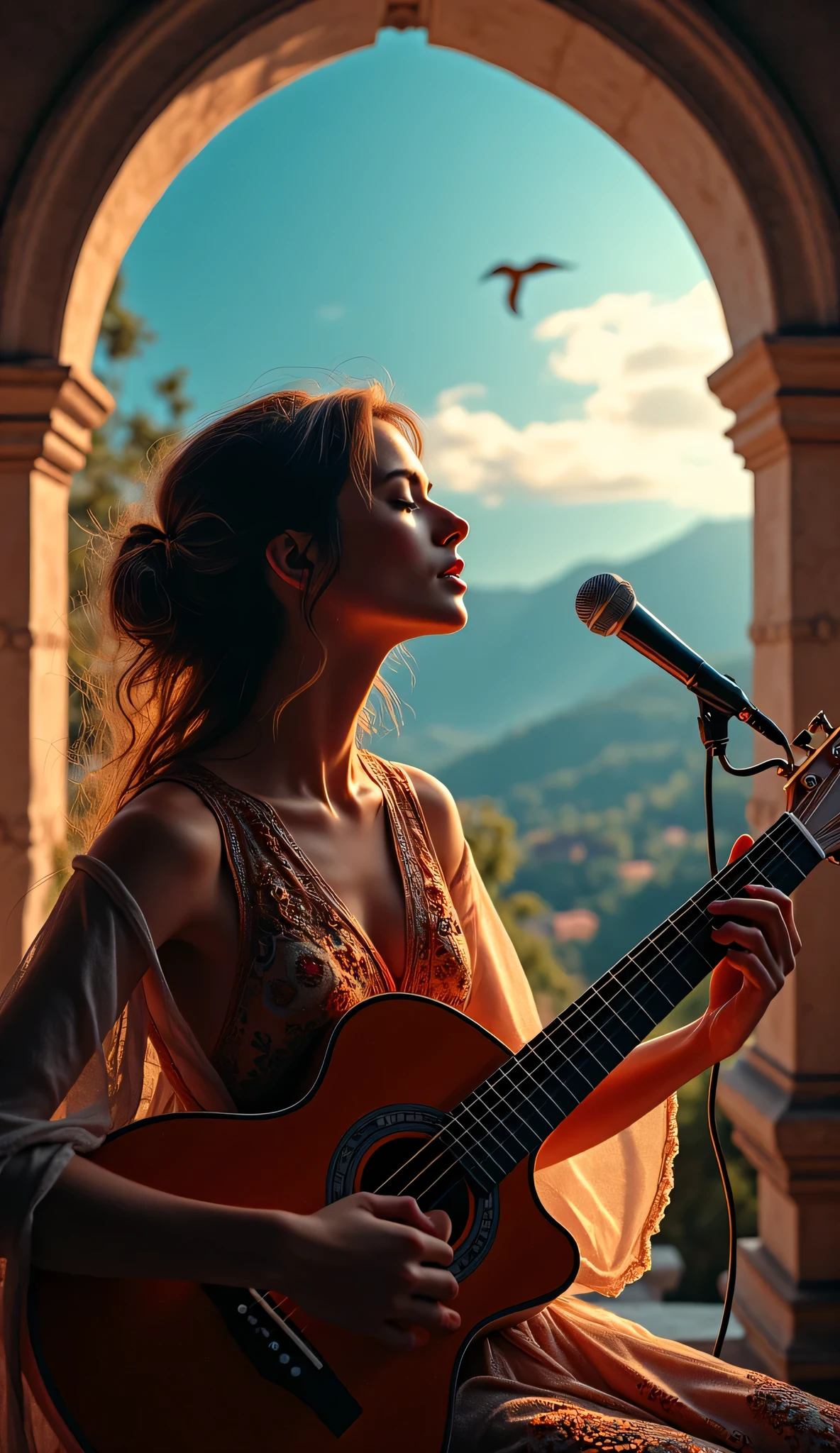 **Prompt:**     Create a breathtaking scene using Unreal Engine 5 that features a symmetrically balanced, wide-angle composition of a passionate woman singer in a surreal music studio. The centerpiece is an angelic Italian woman, mesmerized in her performance as she holds and plays a beautifully realistic, intricately designed guitar. Her soulful connection to the music visibly resonates in the air, evoking emotions that harmoniously unite with the rhythm of her song.    Utilize hyper-realistic textures and vivid details to capture the depth of the scene. The lighting should be a blend of mariachis modern style with captivating hues, creating a setting that feels alive with sound. Incorporate central leading lines that guide the viewer's eye through the image, emphasizing the woman's expressive hands as they skillfully navigate the guitar strings, showcasing accurate human anatomy and lifelike gestures.    Employ a UHD ambiance with a wide-angle perspective, gradually zooming out to reveal an enchanting landscape as the backdrop, which enhances the overall artistic narrative. The atmosphere should be enriched with mixed lighting concepts, offering depth and dimension that pulls viewers into this immersive experience. Aim for a quality reminiscent of top-tier documentary photography, and consider the use of 3D CGI shaders to elevate realism further.     Incorporate elements of Cassette Punk art and integrate finer details that reflect a unique artistic vision, ensuring that the image resonates with creativity while maintaining a wholesome, inspirational vibe.