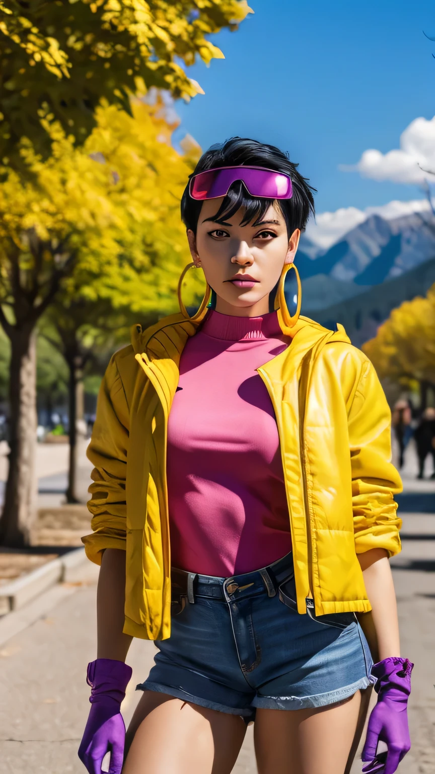 jubilee, short black hair, brown eyes, purple shades on head, hoop earrings, denim shorts,open yellow jacket,blue gloves, pink shirt, looking at viewer, serious, standing, outside, park, trees, mountain, blue sky, high quality, masterpiece