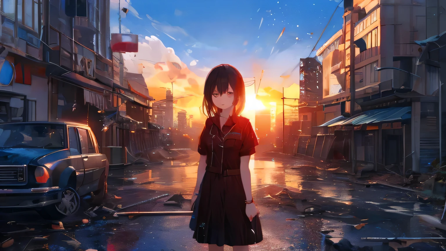 high resolution, TOP QUALITY, masterpiece, very detailed, anime style, movie,A large city ruined by a disaster、 skyscrapers、City、A beautiful girl in uniform standing all over、Broken car、 Gravel Mountain、burning everywhere、A bright red sunset