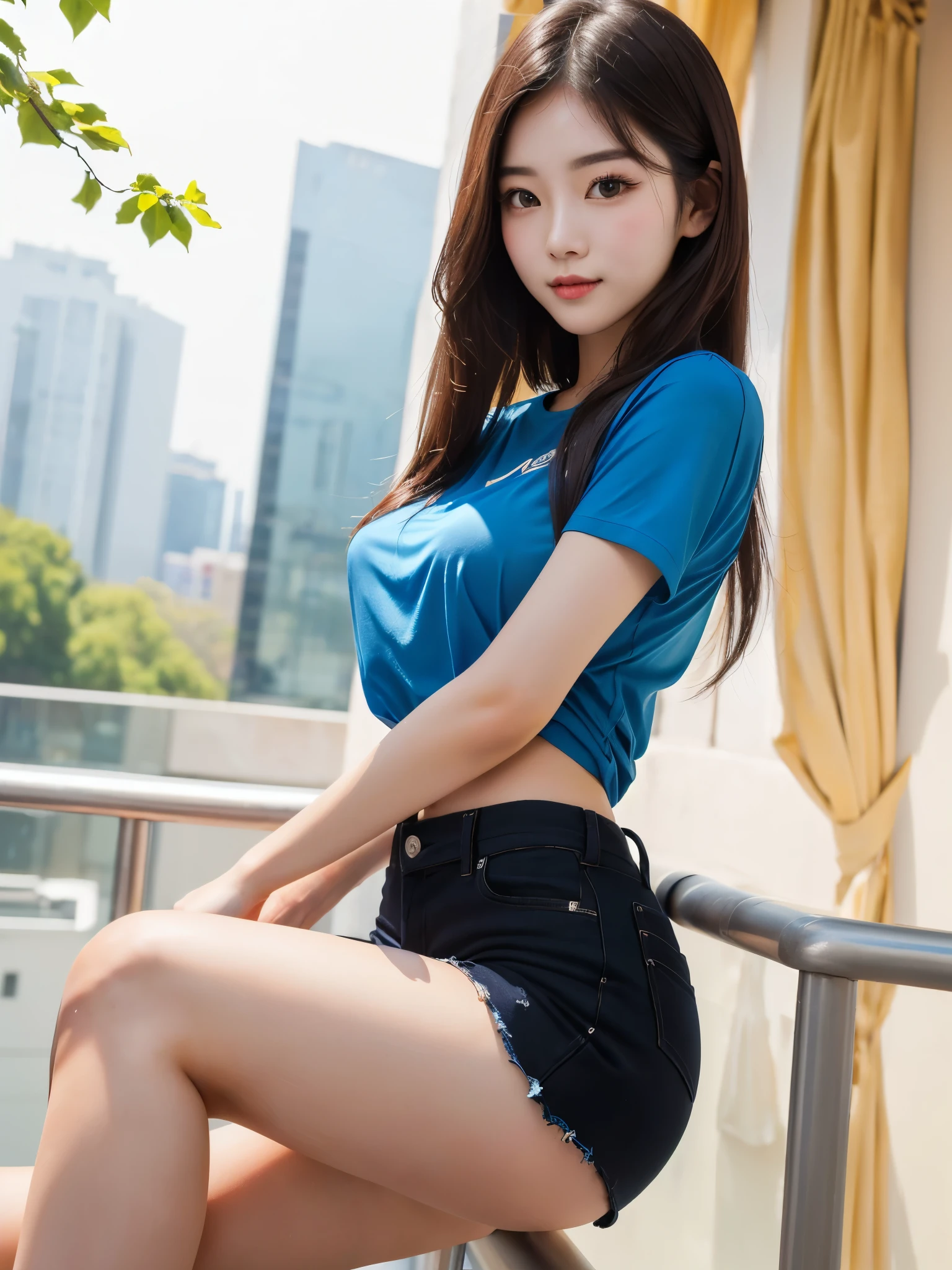 Closeup of a woman wearing a blue shirt and black shorts, Korean girl , Gorgeous Young Korean Beauty, Beautiful South Beauty, Blue tight t-shirt, Beautiful Chinese model , Attractive pose, closeup of a, There is a woman in a tight costume , dull , Photo of a woman, sakimichan, posing on a railing , Nice hips and long legs , Various Motions ,