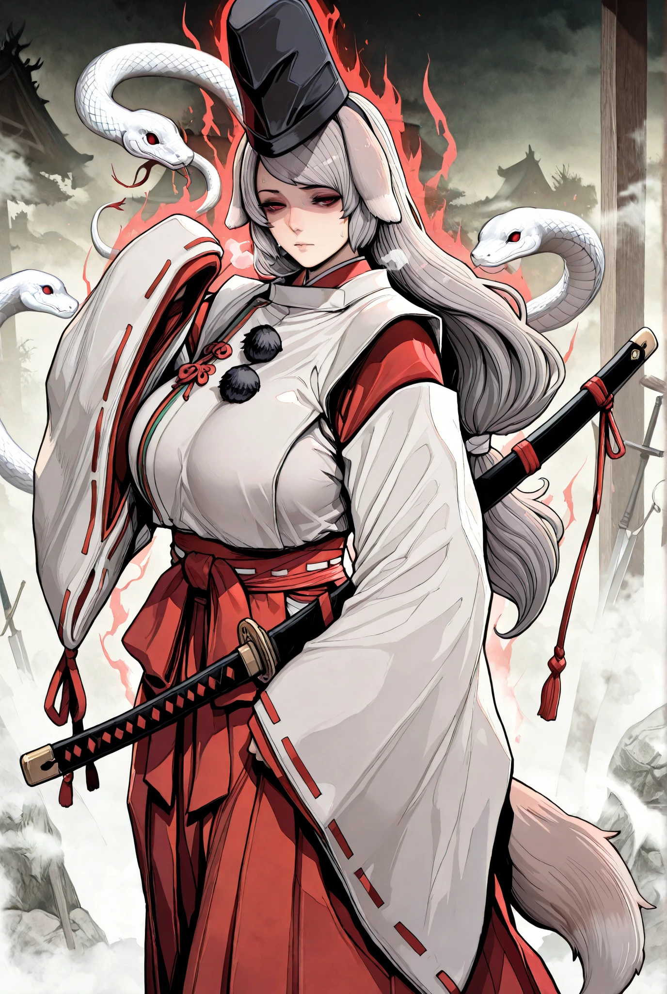(Luxu-style:1.4), (Oda non-style:1.2), masterpiece, high quality, absurdres, best quality, very aesthetic, newest, anatomical correct, HD, 4K, digital art, trending on ArtStation, gasping, heavy breathing, excessive sweating, sweating, sweating profusely, gasping profusely, cinematic, ((skindentation)), ((voluptuous)), long hair, grey hair, red eyes, dog ears, dog tail, PursenaMT, hollow eyes, large breasts, japanese_clothes, 1girl, weapon, snake, solo, sword, hat, tate_eboshi, sheath, sheathed, expressionless, kariginu, sleeves_past_fingers, sleeves_past_wrists, looking_at_viewer, miko, wide_sleeves, hakama, skirt, long_sleeves, (aura:1.2), half-closed eyes, tori,  solid cloud, fog, shaded face, (sui_Ishida-style)