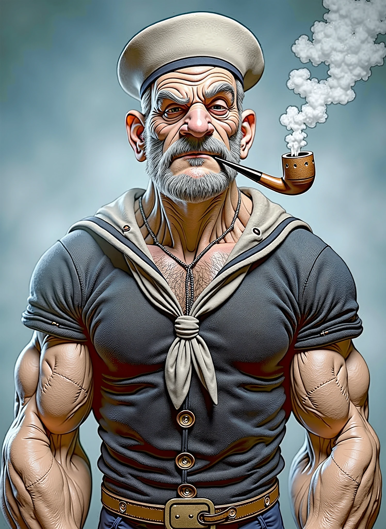 popeye with pipe in mouth, on a boat, anchor tattoo on forearm, crowded, wide-angle shot, (masterpiece:1.2), (intricate details:1.2), cinematic lighting, realism, realistic, RAW photo, 4k, highres, extremely intricate, photorealistic, selective focus, best quality, photo, real, extremely detailed, amazing, fine detail, rich colors, hyperrealistic lifelike texture, dramatic lighting, unrealengine, trending on artstation, cinestill 800 tungsten, high quality, sharp focus,8k uhd, absurdres<lora:popeye-10:1>