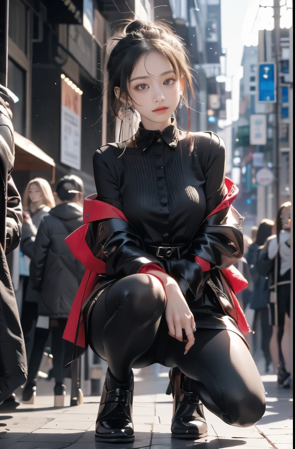 Smoky makeup:2，Black eyeshadow:2，Black lips:2,anatomical correct:2,solo,1sword
xuer ai yazawa style girl,1 Girl,Solitary,Black Hair,Hair Bun,Chinese clothes,Keep,Keep weapon,twice as good,Bangs,blunt Bangs,One knee,looking at the audience,Jewelry,earrings,black background,Long sleeve,eastern dragon,Samurai sword,Shut up,tight shiny leggings,dragon,golden footwear,Eze,Anatomically correct：2，(disgust:1.3),Ultra-high resolution,((masterpiece))),(((best quality))),((Super detailed)),((extremely delicate and beautiful)),Solitary,ezh
