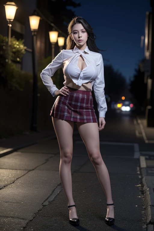Best quality, masterpiece, ultra high res, (photorealistic:1.4), raw photo, (perfect body shape), (slim:1.2), dynamic pose, 1girl, (full figure:0.9), solo, big breasts, sagging breasts, , plaid mini skirt, in the dark, night, on the street, deep shadow, low key, cold light 12000K