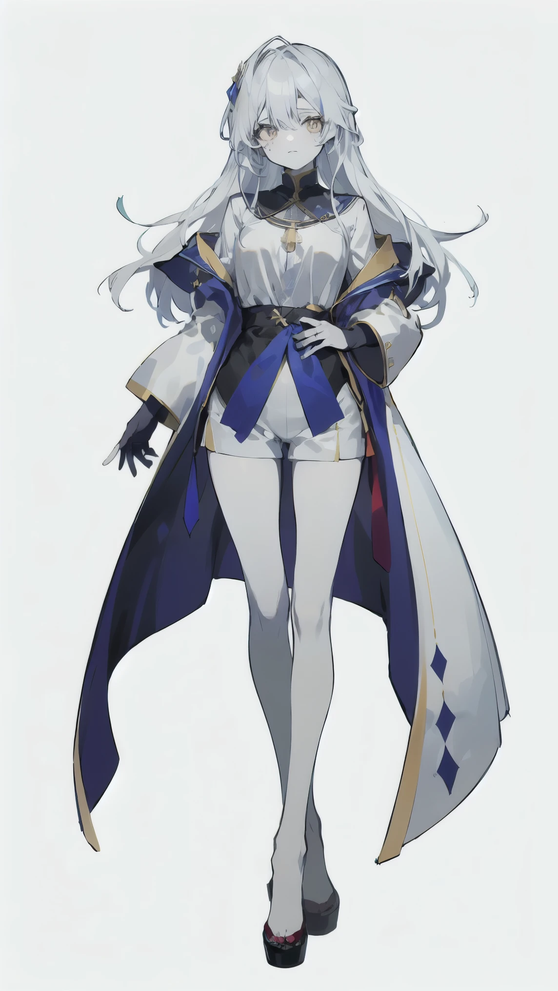 masterpiece, perfect face, TOP QUALITY, TOP QUALITY, 1 girl, 小さなmaleの子 character, long hair,Unknown gender、 male, Anime Boy, Grey Hair, Gold Eyes , With bangs, やみcute,, white lace shirt, White Robe Embroidered with Silver Thread、 white skin, High-quality lace, Original Character, detailed design, UNIQUE DESIGN, Amulets、 sacredなイメージ, droopy eyes 、long lashes for muscular body, handsome woman , skinny, Hungry, full body drawing, commission, Possible Adoption, White Outfit , full body, Background,cute, wearing shorts, coat,,all White Outfit , Female character, Anime Girl, white background on hand hair, full body, All decorations are white or silver、Loose Ruffle Shirt, Gold Eyes , Thin hands, Fantasy World Outfit, white magician, skeleton , pure White Outfit , pure white skin, unnaturally white skin, white skin colour, albino, shorts, wearing loose shorts, Nice girl, sacred