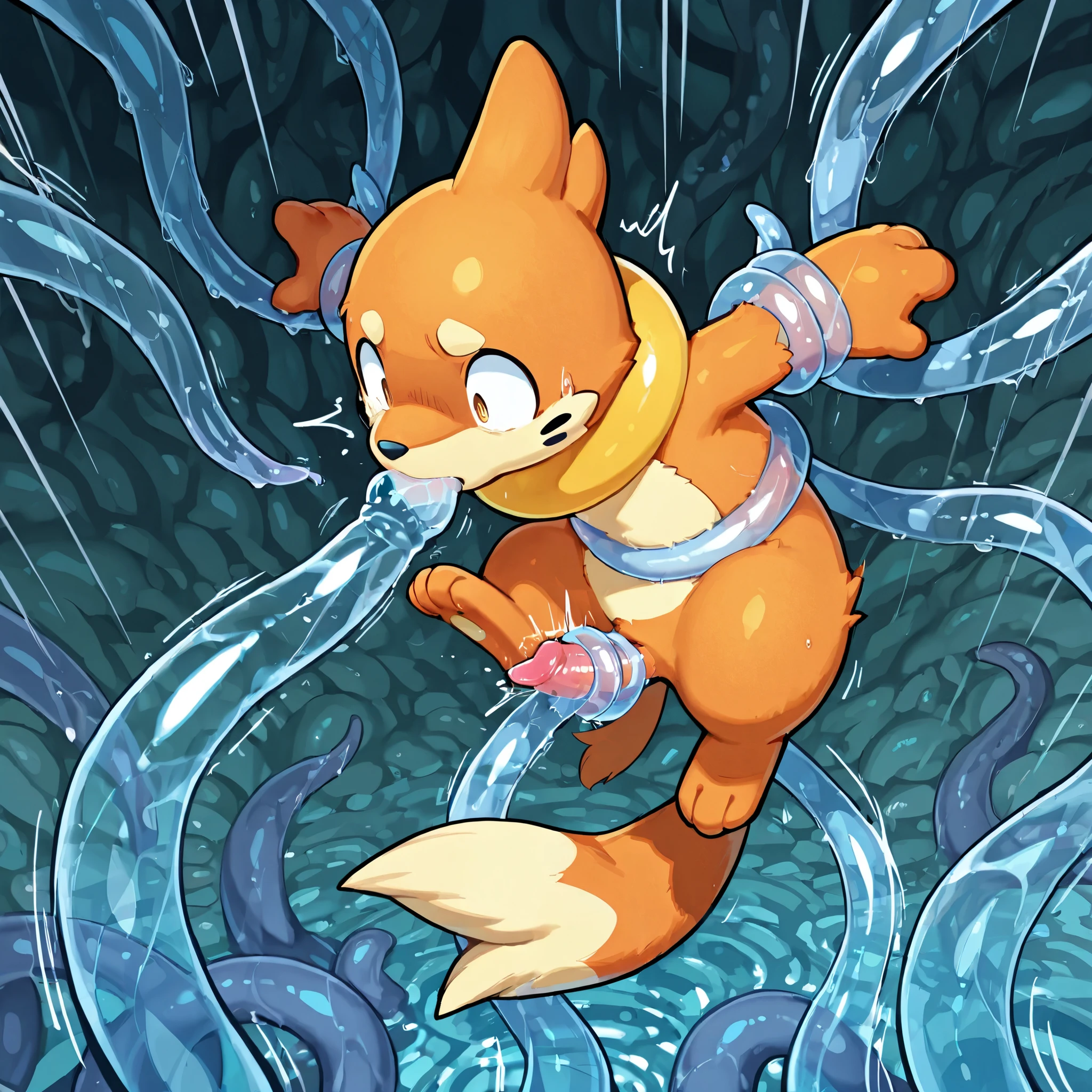 4k ultra quality, 4k full body view,masterpiece quality, thick large blue tentacles, small feral buizel, transparent tentacles, sucking penis, , pain, motion blur, motion line, water background