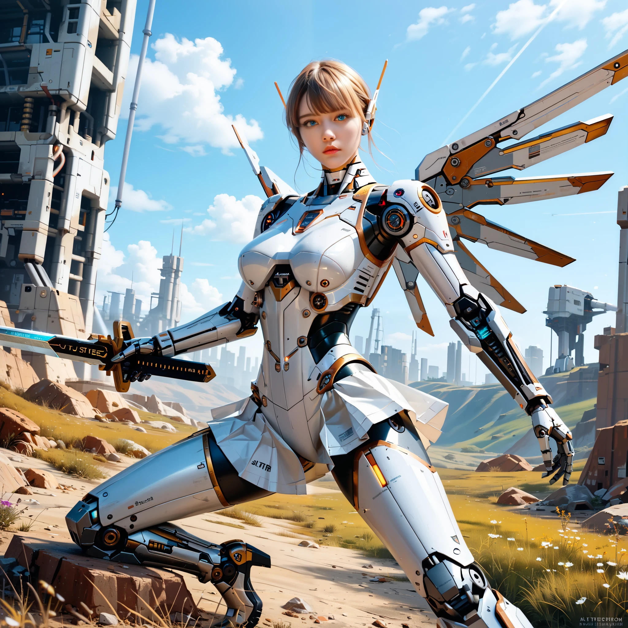 (((masterpiece))), (realism, realism texture, (science fiction, distant future), (top Quality, High Quality, top resolution, high resolution, (ultra detailed, high detailed))), (beautiful robot girl, she is incredible machine:1.4), (beautiful face), (thin lips, wide mouth), blue lighting eyes, (robot white armor:1.3), machine frame, (skirt, (steel knee-high greaves), (mechanical hands)), robot joint, (robot neck joint:1.2), frame of perfect machine, machine parts, (electronic component, complete parts, (winged)), (Mechanical sword), Expressionless face, abandoned battefield, (hold a sword:1.3), (dynamic amazing sword-fighting pose:1.4), (closed mouth), dutch angle shot, looking at viewer