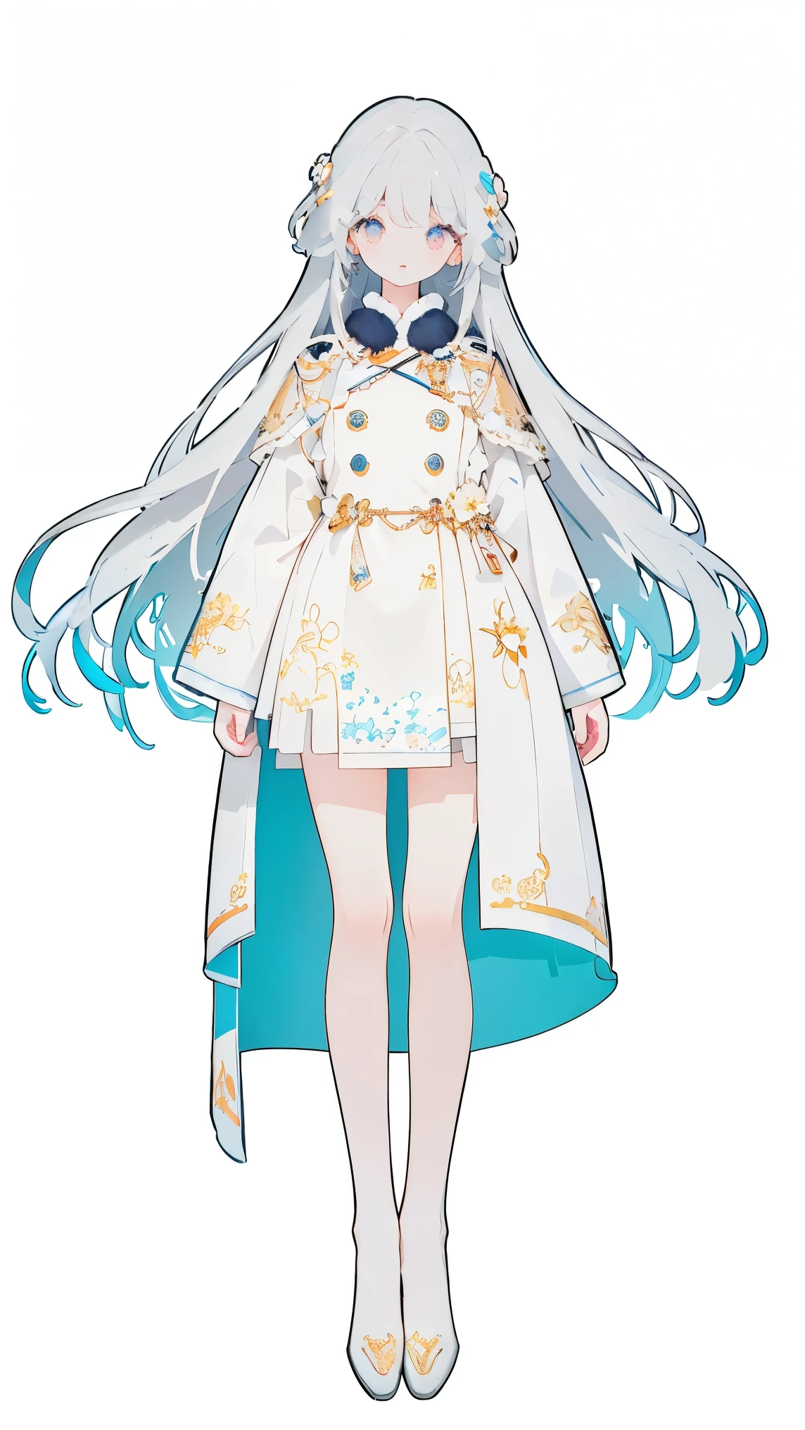  ,  long hair,  flat chest,  beautiful hair, Gray Hair, ((super  long hair)), Blue and Pink Gradated Eyes,  white skin, high quality,  Put a coat over a white military uniform, high resolution, high resolution, dynamic,  masterpiece, 最high quality, very detailed,  's illustration , beautiful eyes with attention to detail, (( masterpiece)), ((最high quality)), ((very detailed)), ( 's illustration ), ( Details light ), ((Extremely Delicate and Beautiful)) , (beautiful eyes with attention to detail), ( sunshine), 1 girl, Alone,  full body: 1.2, Beautiful Detailed Girl, (perfect anatomy), (Correct limbs), Top Quality, extremely detailed  masterpiece, ( Ultra-realistic  's illustration ), stares at viewers, solo focus,  full body