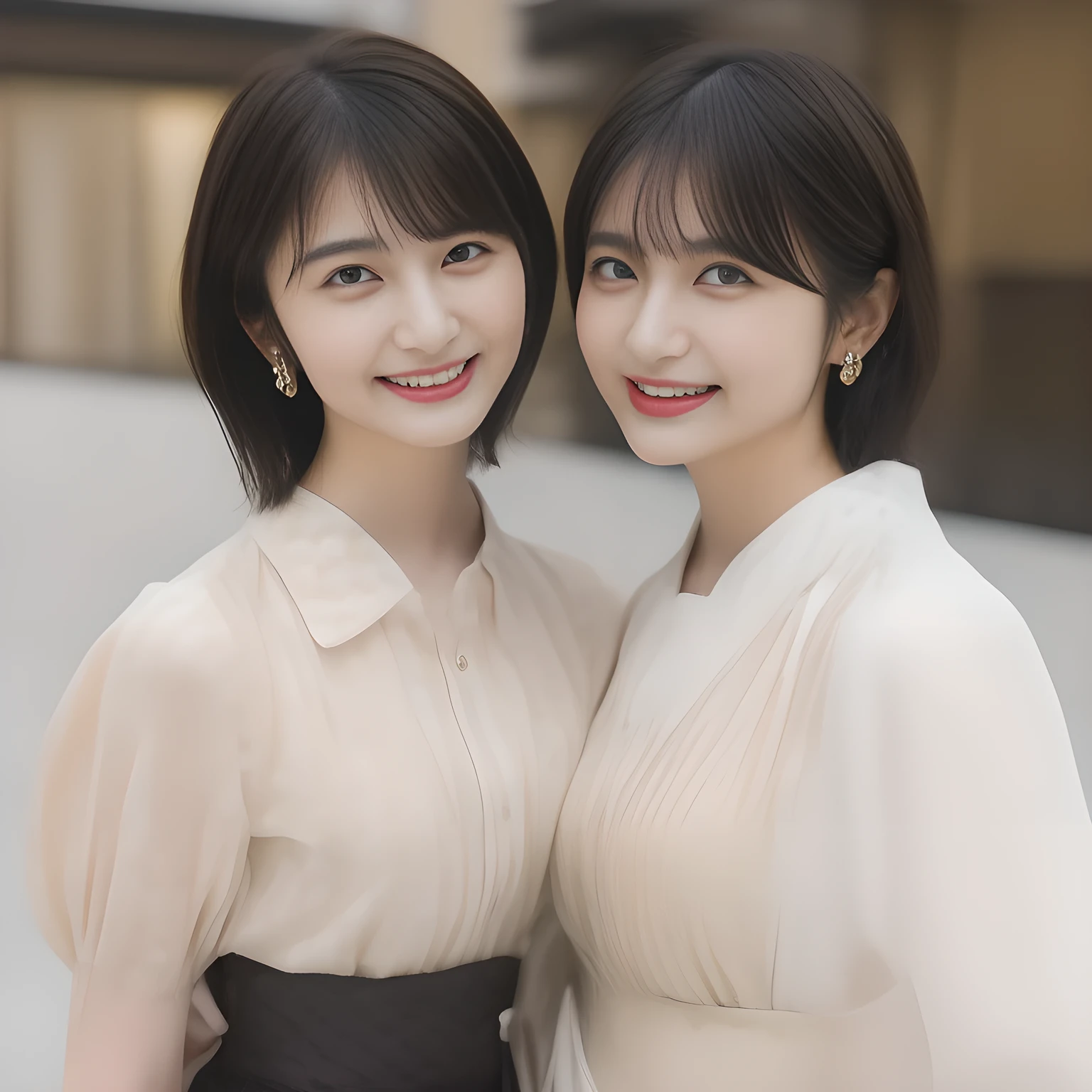 (highest quality, masterpiece, high resolution:1.2), 4K, (Photo quality clearly detailed foreground: 1.8), geometry, (Too beautiful cute noble Japanese yo fashion models are introducing feminine fashion trends (in a young women's popular fashion magazine). Three neat & clean (too beautiful) ladies. (Small ((well-groomed face)) with feminine intelligence). Some of cute noble Japanese photo model are looking at the viewer with her too beautiful eyes: 1.6), (Neat expensive feminine fashion (with beige blouse and (flared skirt with polka dots)): 1.4), (Using expensive face-whitening cosmetics to make her skin more beautiful and pure by professional makeup artist: 1.5), (Face and eyes are especially detailed beautifully: 1.5), (Beautiful light-amber large clear open eyes with balanced and detailed cutely, double eyelids: 1.4), (Glossy lips: 1.0), (beautiful shining black short hair: 1.7), (expensive ear accessories: 1.3), (white and clear skin: 1.0), (National Beautiful Girl Grand Prix winners: 2), (Show the best smile!: 1.8)