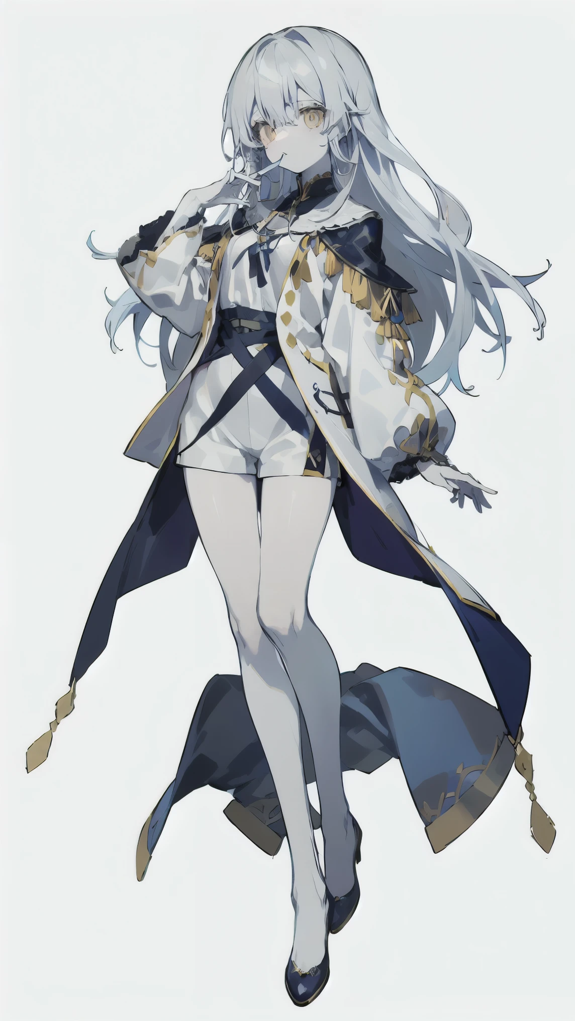 masterpiece, perfect face, TOP QUALITY, TOP QUALITY, 1 girl, 小さなmaleの子 character, long hair,Unknown gender、 male, Anime Boy, Grey Hair, Gold Eyes , With bangs, やみcute,, white lace shirt, White Robe Embroidered with Silver Thread、 white skin, High-quality lace, Original Character, detailed design, UNIQUE DESIGN, Amulets、 sacredなイメージ, droopy eyes 、long lashes for muscular body, handsome woman , skinny, Hungry, full body drawing, commission, Possible Adoption, White Outfit , full body, Background,cute, wearing shorts, coat,,all White Outfit , Female character, Anime Girl, white background on hand hair, full body, All Decorations Are White or Silver、Loose Ruffle Shirt, Gold Eyes , Thin hands, Fantasy World Outfit, white magician, skeleton , pure White Outfit , pure white skin, unnaturally white skin, white skin colour, albino, shorts, wearing loose shorts, Nice girl, sacred
