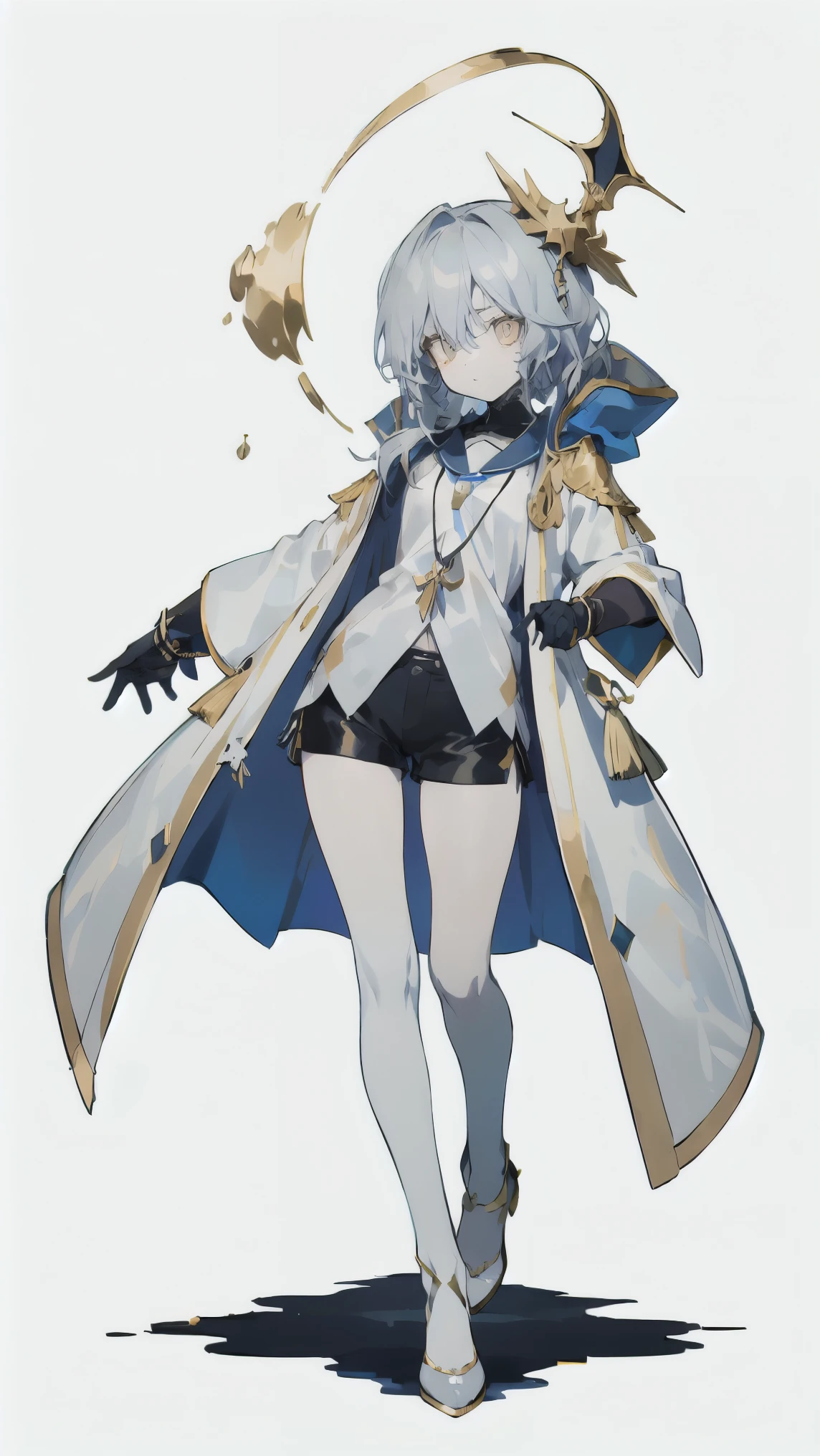 masterpiece, perfect face, TOP QUALITY, TOP QUALITY, 1 girl, 小さなmaleの子 character, long hair,Unknown gender、 male, Anime Boy, Grey Hair, Gold Eyes , With bangs, やみcute,, white lace shirt, White Robe Embroidered with Silver Thread、 white skin, High-quality lace, Original Character, detailed design, UNIQUE DESIGN, Amulets、 sacredなイメージ, droopy eyes 、long lashes for muscular body, handsome woman , skinny, Hungry, full body drawing, commission, Possible Adoption, White Outfit , full body, Background,cute, wearing shorts, coat,,all White Outfit , Female character, Anime Girl, white background on hand hair, full body, All Decorations Are White or Silver、Loose Ruffle Shirt, Gold Eyes , Thin hands, Fantasy World Outfit, white magician, skeleton , pure White Outfit , pure white skin, unnaturally white skin, white skin colour, albino, shorts, wearing loose shorts, Nice girl, sacred