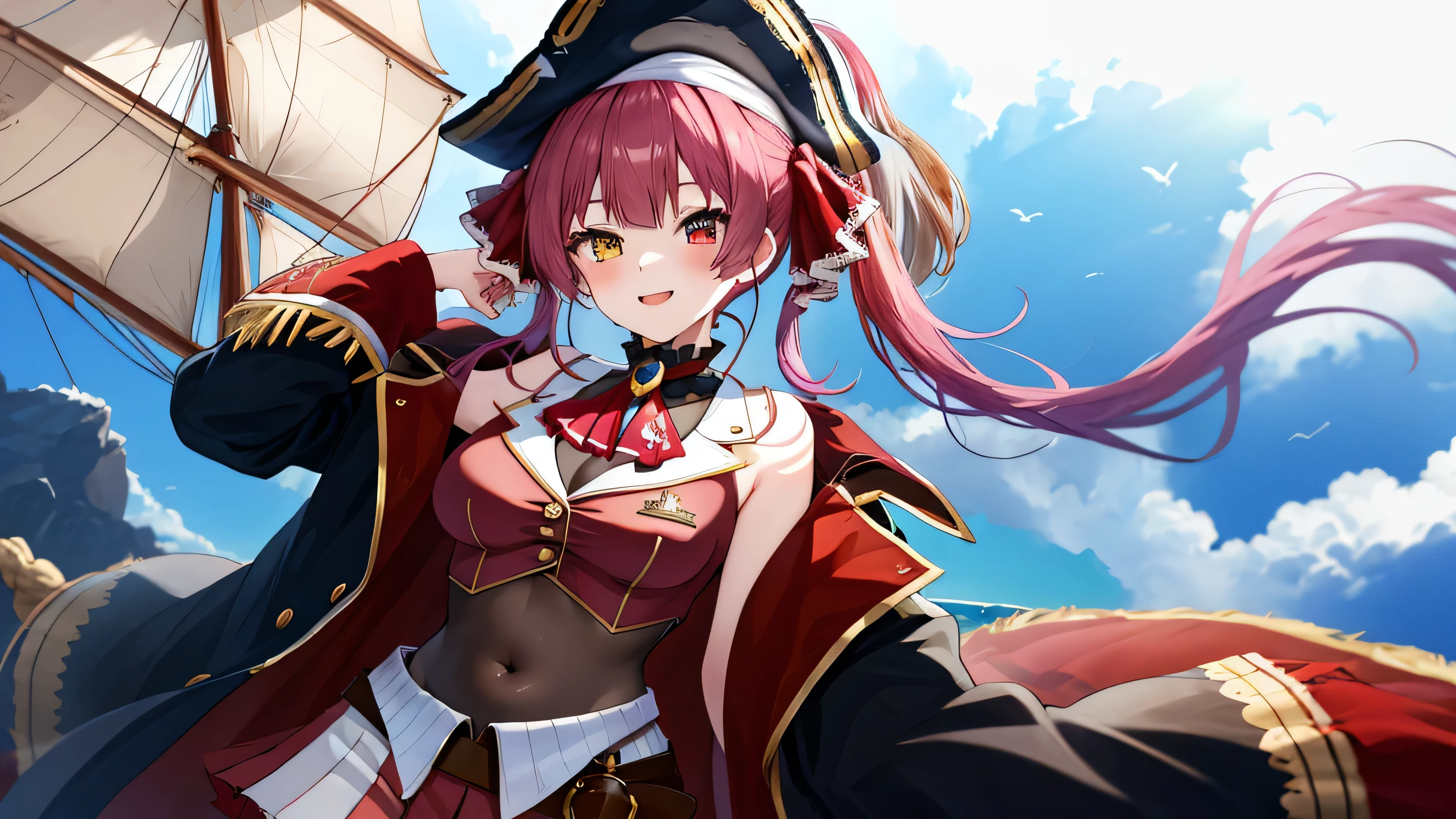 masterpiece, TOP QUALITY,1 girl,  alone, masterpiece, TOP QUALITY、aamarine, twintails, pirate hat, heterochromia, red ascot, bare shoulders, red shirt, off shoulder, black coat, see-through, covered navel, leotard under clothes, belt, pleated skirt, red skirt, black thighhighs、blue sky、Pirate Ship、smile