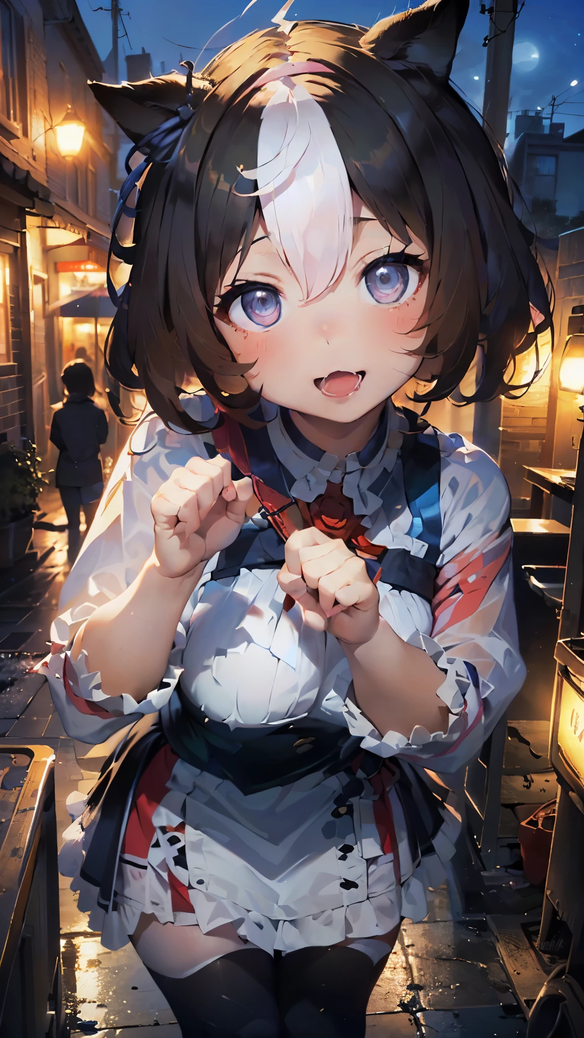 (Masterpiece,best composition,Best Quality,ultra-detail,Best Shadows,Perfect composition),(portrait:1.5),meisho doto(umamusume),((((very cute girl,Glamorous body,Perfect figure,light-blue twin-tails hair,Tilt head)))),shy smile,blushing,cute big eyes,The eyes are shining,(((lips wide open and bare huge Fangs))),very delicate details fashion,super detail and beautiful hand,beautiful slim legs,big tits,(((cat pose,attacking here with the small claws of both hands raised))),in the big city,(((at midnight,Beautiful skyscraper night view)))