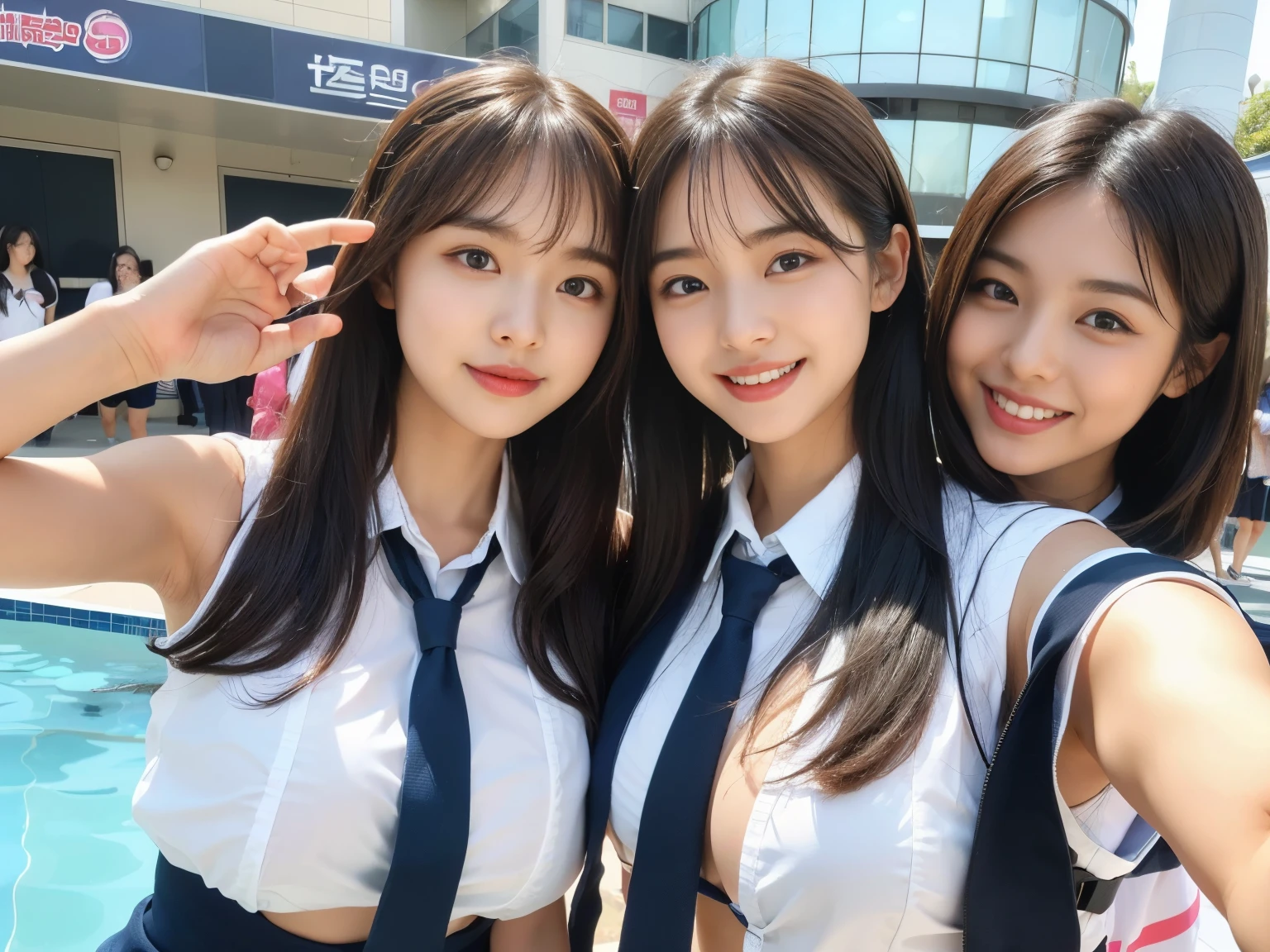 (Two super cute Korean high school girls take a photo together 1.2)(To laugh out loud:1.2)(Beautiful Sweat:1.1)(16K, RAW Photos, Highest quality, masterpiece: 1.2),(Mr.々Beautiful blonde with a stylish hairstyle:1.2) Super detailed, Super Resolution, (Genuine, Genuine photos: 1.37), Portraiture, High-resolution RAW color photos, Professional photos, Very detailed, 8k wallpaper, Very detailed CG Unity 8k wallpaper, Very detailed beautiful girls, Very detailed faces, ((whole body)), beautiful woman, Huge breasts,(huge boobs:1.1) (Big Boobs:1.1), Beauty college student (A tight, girly sleeveless school uniform with ribbons),high school girl, Korean Girls,(K-POP Female Idols), (Idol-class beauty)(Beautiful high school girl:1.1)(School swimming pool)(18-year-old)(Stylish school uniform-style outfit for summer:1.1)(Group photo:1.2)(Splash:1.1)