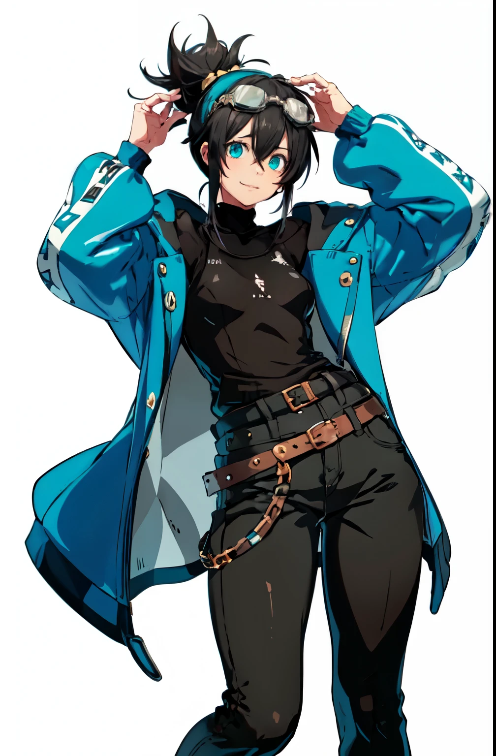 masterpiece, best quality,
solo,
cowboy shot,
facing viewer,
soft smile, light smile,
1girl, (teal eyes:1.1), (aqua eyes:0.45), black hair, ahoge, low ponytail, low tied hair, very long hair, (hair flaps:1.2), flipped hair, hair between eyes, bangs, messy hair, small breasts,
, goggles on head, eyewear on head, headband, hooded coat, open coat, turtleneck, capri pants, black knee boots, multiple belts,