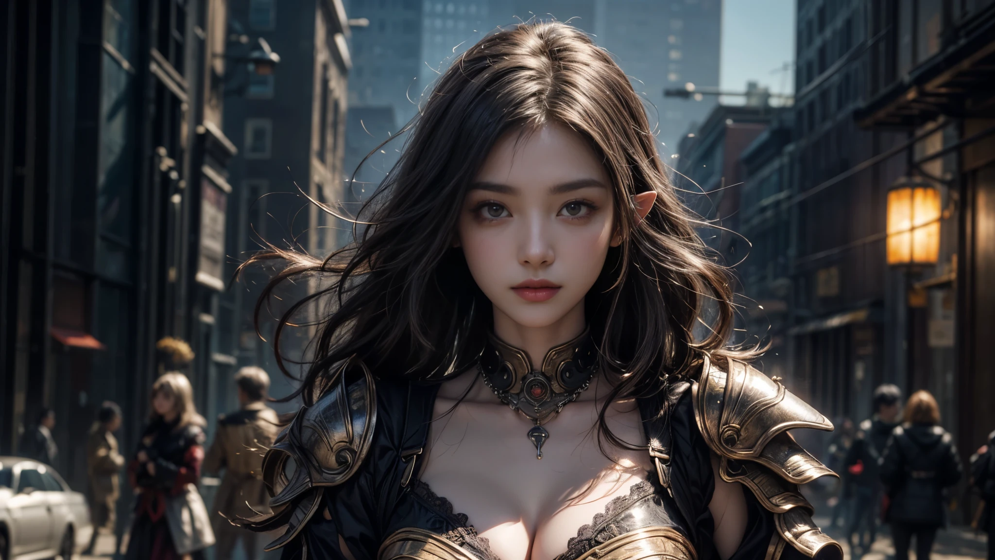masterpiece,top quality,best quality,official art,(Beauty and Aesthetics:1.2),(masterpiece:1.3), (8k, realistically, RAW photos, best quality: 1.4), beautiful face, (Realistic face),ultra high resolution, Super real photos, The content is very detailed, golden ratio, (Energetic:1.3),(saturation:1.3),unreal engine, (high detail: 1.9),(woman:1.4),(big breasts),Half-human, half machine,mechanical wings,armor,Destroyed city in the background,medium portrait,drama,(magic),(city of the future:1.8)