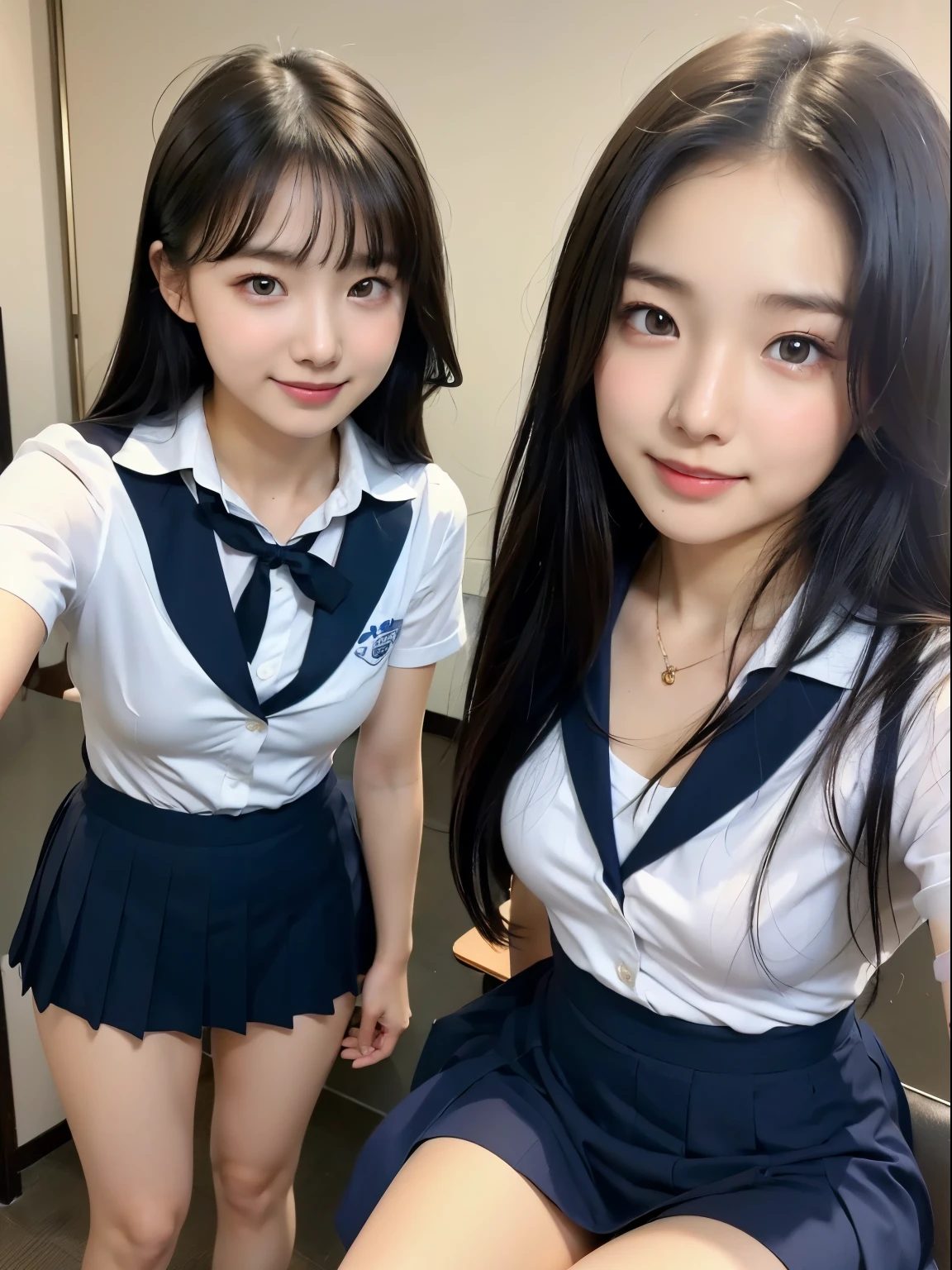 (masutepiece:1.3), (8K, Photorealistic, Raw photo, Best Quality: 1.4), Japanese, (1girl in), Beautiful face, (Realistic face), (Black hair), Beautiful hairstyle, Realistic eyes, Beautiful detailed eyes, (Realistic skin), Beautiful skin, Attractive, 超A high resolution, A hyper-realistic, Highly detailed, Golden ratio,School uniform.)、1girll、cute little、A smile、a closed mouth、Beautiful details、Beautiful nose in every detail、full body Esbian、wetting hair、Colossal Dalsepho、pork meat、student clothes、thighs thighs thighs thighs