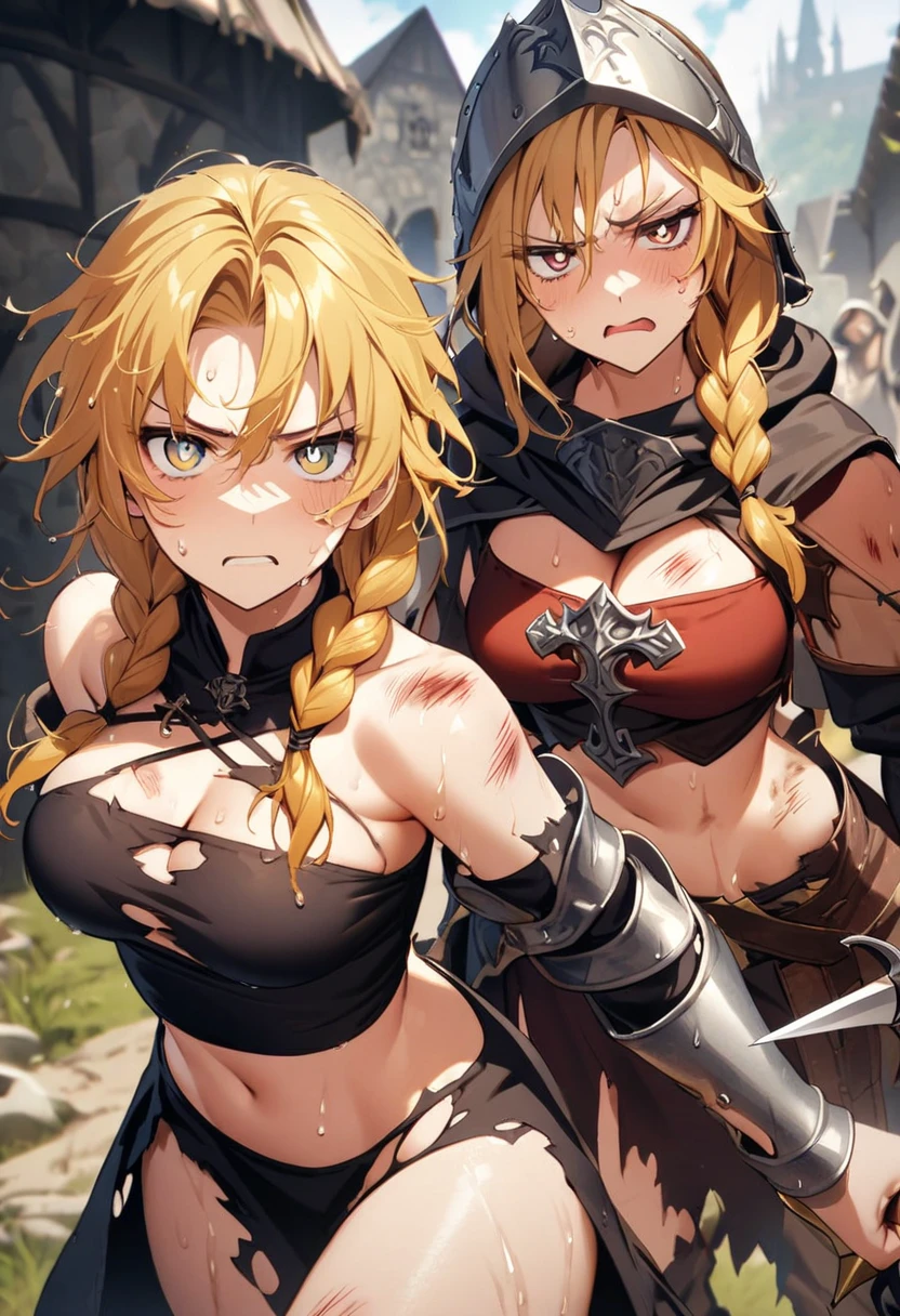 score_9、score_8_up、score_7_up,(lactation through clothes:1.1),nipples standing,(nipples peek:1.4)、(Puffy nipples)、((masterpiece, Highest quality, High resolution)), ((Highly detailed CG integrated 8K wallpaper)), (Big Breasts:1.3、 Very hot and sexy, Incredible beauty, Perfect proportions, Beautiful body, Slim body beauty:1.1), Arafed woman in armor holding sword and shield, north Female Warrior, Very beautiful berserker woman, north adult Female Warrior, Female Warrior, very beautiful , Portrait of a Female Warrior, RPG Portrait Concept Art, (Beautiful warrior, Carrying a dagger and a small shield, Wearing a red scarf, Leather Armor), (Blonde, blue eyes, Dark Skin), (amphitheater, Fighting while being watched by the crowd, Motion Blur), (Combat Stance),Emphasize the chest,Random Angle
