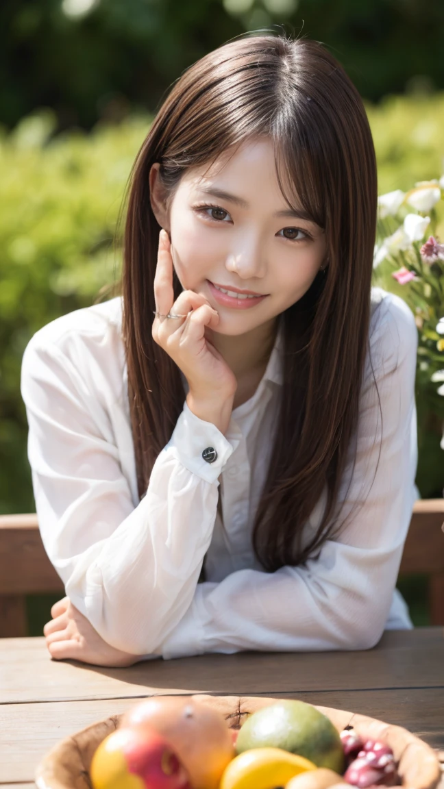 Very detailed 8k wallpaper)、foco nítido、in detail、Drama、Delicate and beautiful schoolgirl、sixteen years old、Sheer white shirt、Quite short skirt、ligh brown hair、beautiful and sexy hair ornaments、A smile、Peek at the viewer、Beautiful graphic school building of light、Full of students、clean legs、crouching down、