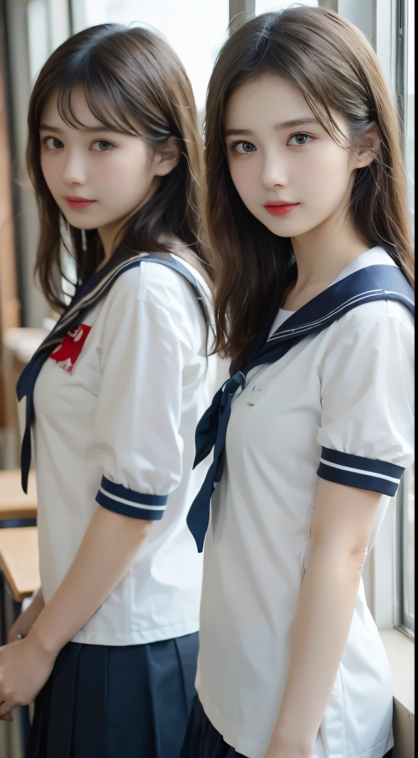 masterpiece, best quality , ultra detail , Fine Details, high resolution, 8k wallpaper, perfect dynamic configuration
((( there are two girls ))), beautiful detailed eyes, medium hair up to buttocks, big breasts, natural colored lips, beautiful detailed faces, Perfect and Beautiful Face, big eyes, Absolute Beautiful Girl
((( high school girl))), ((( simple sailor suit)))
Two girls stand by the classroom window 、 one puts their hands on their hips and shows a confident smile 、 and the other has a slightly shy expression while folding their hands behind their backs
To improve reality、 The background of the classroom depicts curtains swaying in the wind and the blue sky seen through the window 、 An open textbook and eraser are placed on the desk