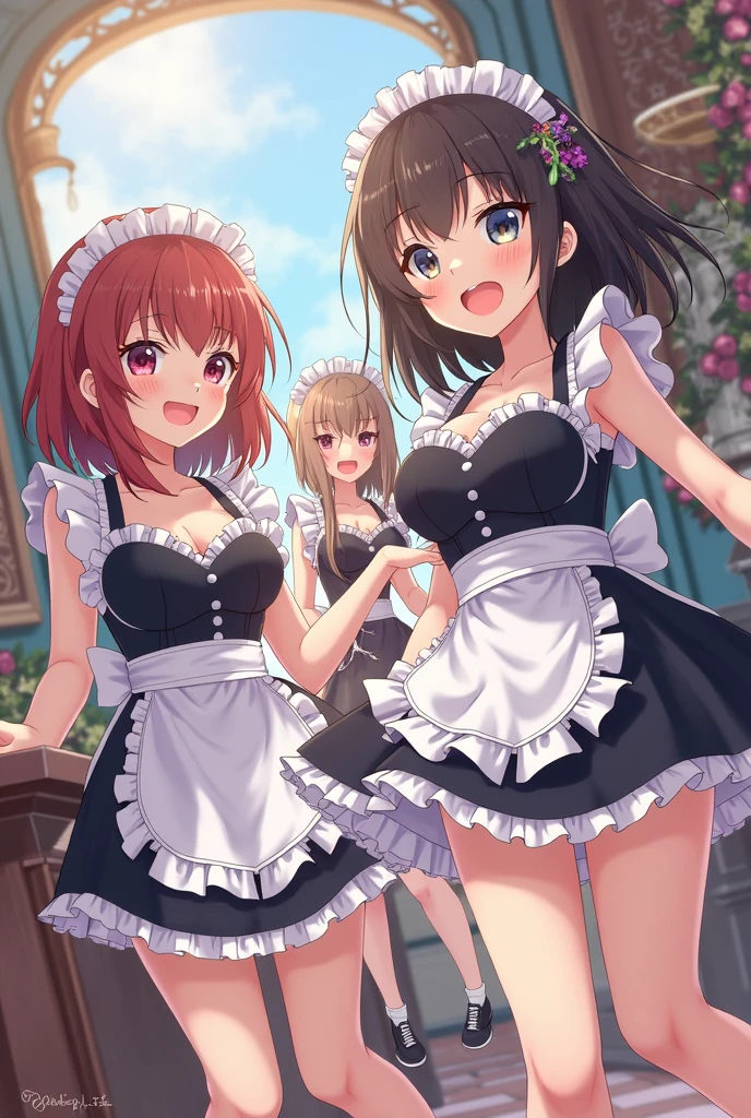 masutepiece, Best Quality, Airlib 4,  thighs thighs thighs thighs, black thighs thighs thighs thighs, Apron, zettai ryouiki, maid, Maid headdress, cleavage, Wrist cuffs,4 girls with different hairstyles