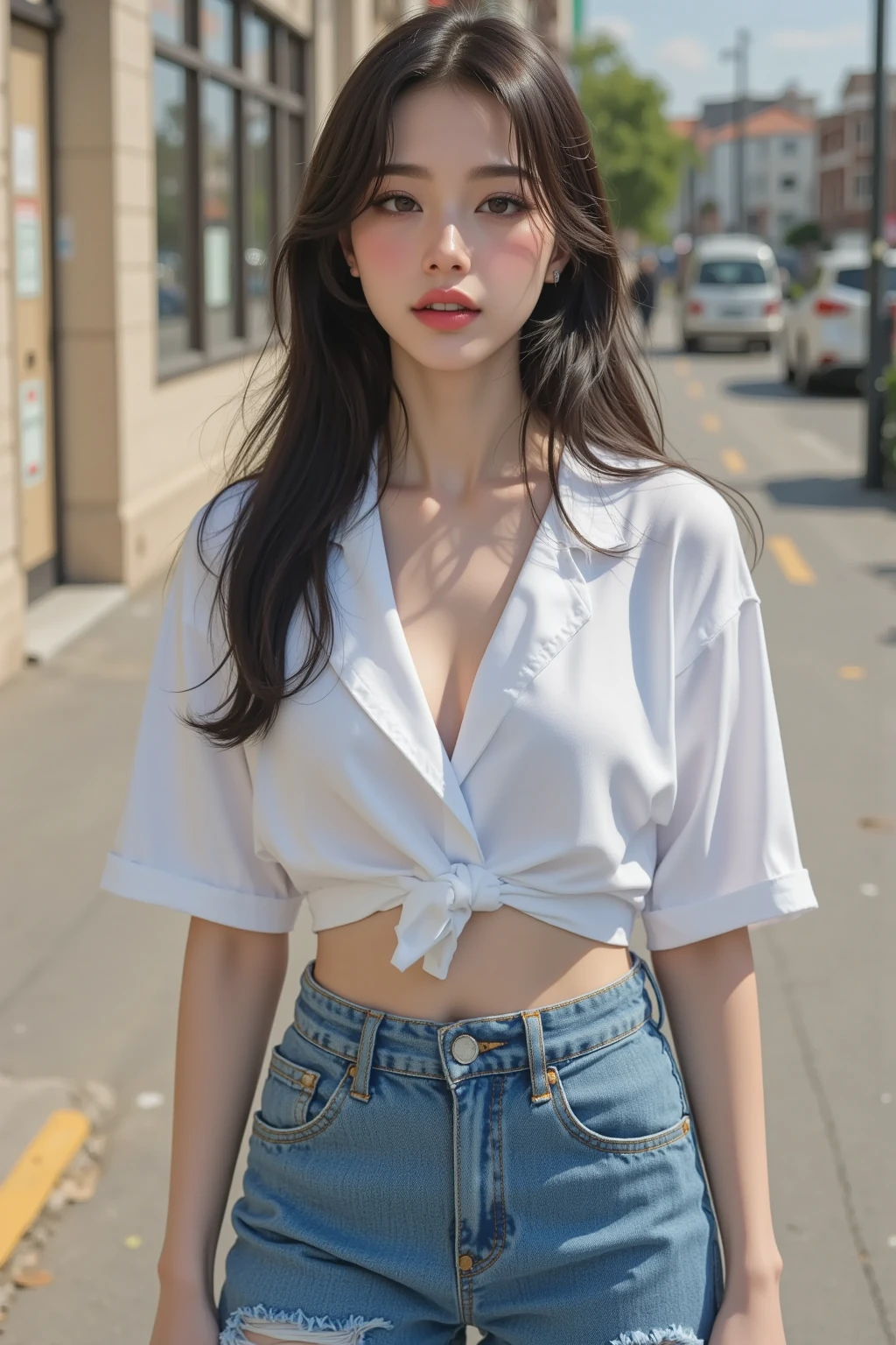 (8k, RAW Photo, Best Quality, Masterpiece:1.2), table top, Ultra Detail, Super Resolution, (Realistic, Realistic Photo:1.37), Portrait, High Detail RAW Color Photo, Professional Photo, Extremely Detailed and Beautiful, Extremely detailed, 8k wallpaper, amazing and detailed, huge file size, official art, highly detailed CG unity 8k wallpaper, highly detailed beautiful girl, highly detailed face, highly detailed eyes, highly detailed skin, highly detailed fingers, highly detailed nose, very detailed detailed mouth , perfect anatomy, highly detailed background, highly detailed clothes, 1girl, 1 girl, cute girl, realistic body, fair skin, glowing skin , slim body, handsome body, black hair , semilong hair, (blunt bangs:1.2), smile, cute, youthful, cute face, realistic face, delicate eyes, drooping eyes, looking at viewer, facing front, standing posture, Contraposto,  (medium chest), (Perfect Body Proportions), (slender Body Proportions), super sexy pose, (white shirt), (jeans pants), (authentic bar), 
