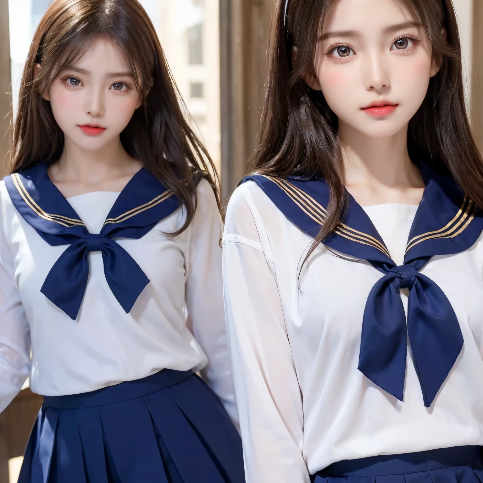 (Top resolution, Distinct_Image 1.2) 、(Beautiful girl with golden ratio face)、(A  girl)、(very vivid eyes、wolf eyes 1.2)、excellent, masutepiece, high detailing, lipgloss、Very beautiful girl、 Solo, Beautiful girl like a model、(Long-sleeved sailor suit、pleatedskirt)