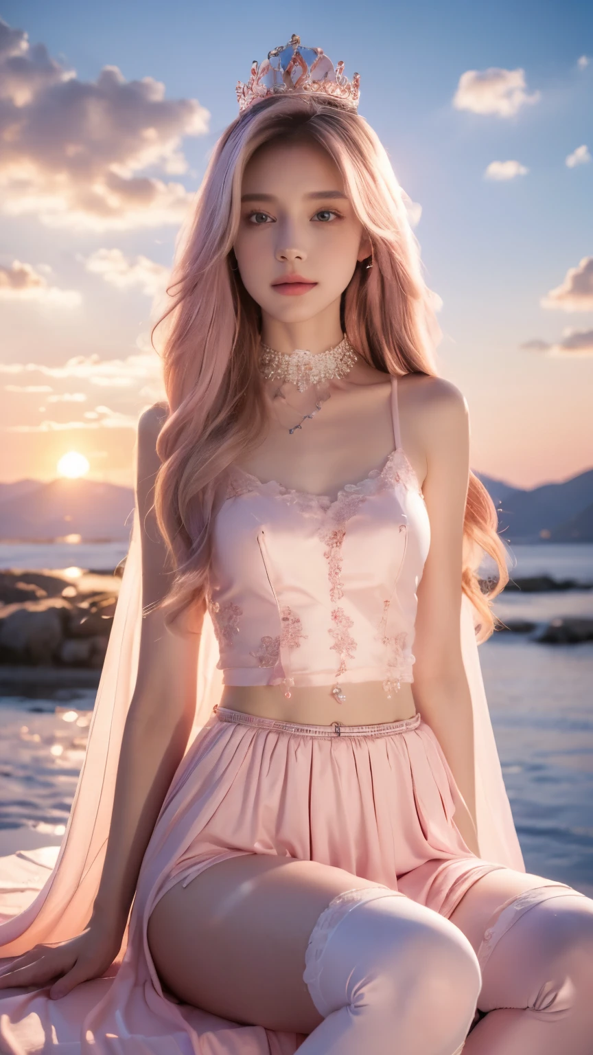 photorealistic, 1girl, ((slim body)), long hair, gradient hair, solo, detailed eyes, jewelry, bracelet, choker, small breasts, looking at viewer, realistic, necklace, (((pink princess))), long skirt, thigh highs, pink cape, sardine, lace, evening, sunlight, clouds, in the sky, clouds, realistic sun light,, detailed, upper body, sitting,