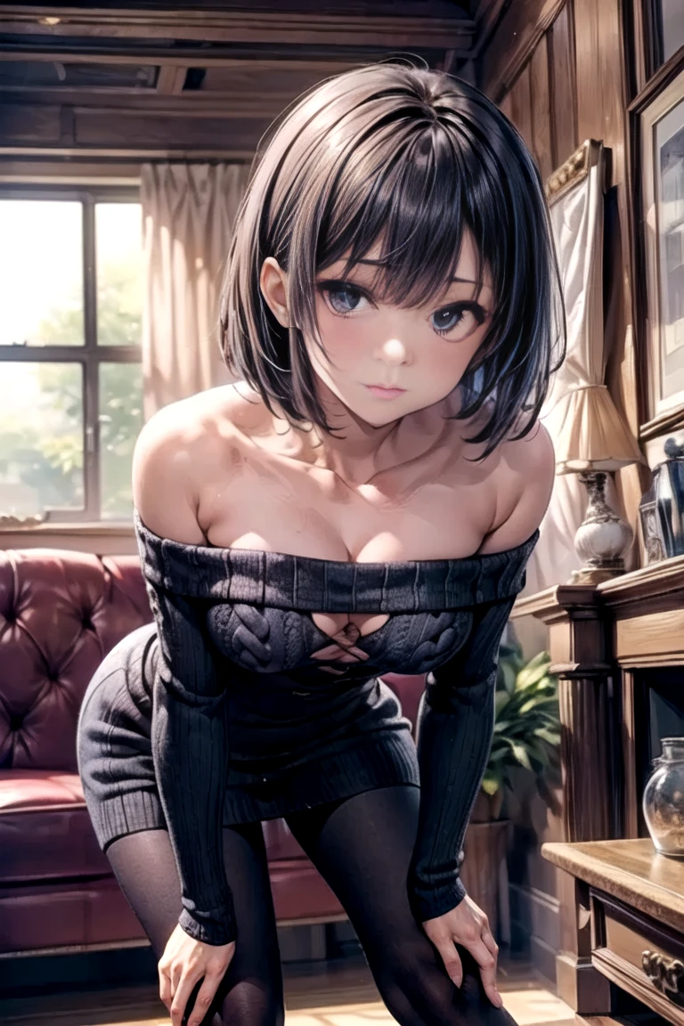 {best quality}, {very aesthetic}, {ultra-detailed}, {best illustration}, nsfw, girl, half updo, short hair, black hair, curvy, big breast, sweater, knit, sleeveless, cleavage, turtleneck, pantie, sex, pussy, squat, open legs, man, penis