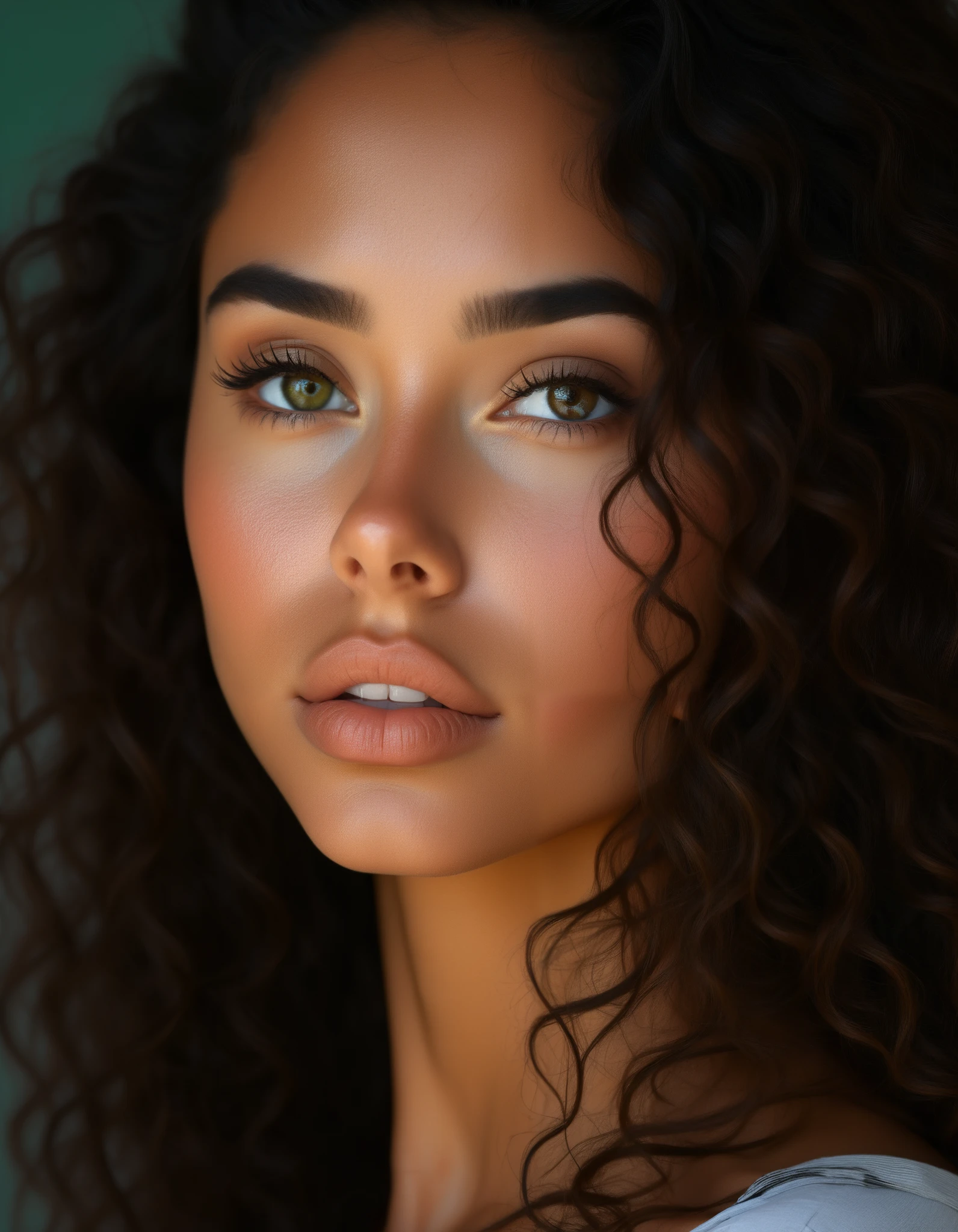 black hair, solo, brown hair, lips, 1girl, looking at viewer, nose, wavy hair, portrait of a young beautiful Venezuelan girl, divine, green eyes hyper-realistic, photorealistic, very detailed, high resolution, 4k, epic, anatomically accurate