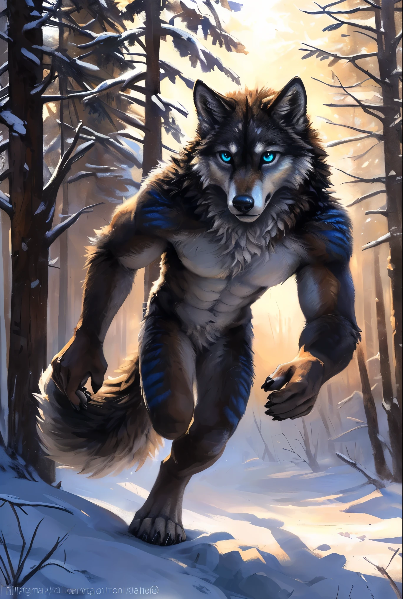 ((Solo)), male people, anthro wolf, (Multi-colored fur, White-brown:1.3，White tail pointed), (Height 2.1m,Tail length 1.5m), ((Wolf face, Big eyes, White eyelids, Blue pupil, Slim:1.2) (Tough, Calm expression:1.2)), Abs, Slim, pinging)), (Correct anatomy), Naked all over the body,A long big tail，Feet，(Realistic fur, Detailed fur texture, labeled:1.3)), (Natural lighting), Photorealistic, Hyperrealistic, ultradetailed, by Kenket，Snowfield，No artifacts, Running on