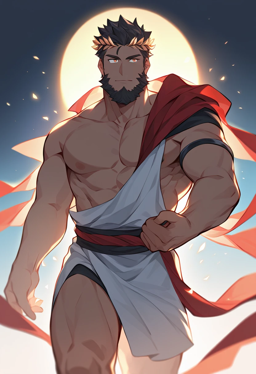 ( full body ) (photo angle from bottom up) Uzumaki Naruto doesn't wear banners , shy and blushedd, cute baby face, y, sweat flowed profusely,stand straight in a comfortable position , topless, shirtless ,tanned skin, rosy skin, red skin, sunny, only wear short loincloths ,the loincloth bulges due to the erect male genitals, strong thigh muscles
