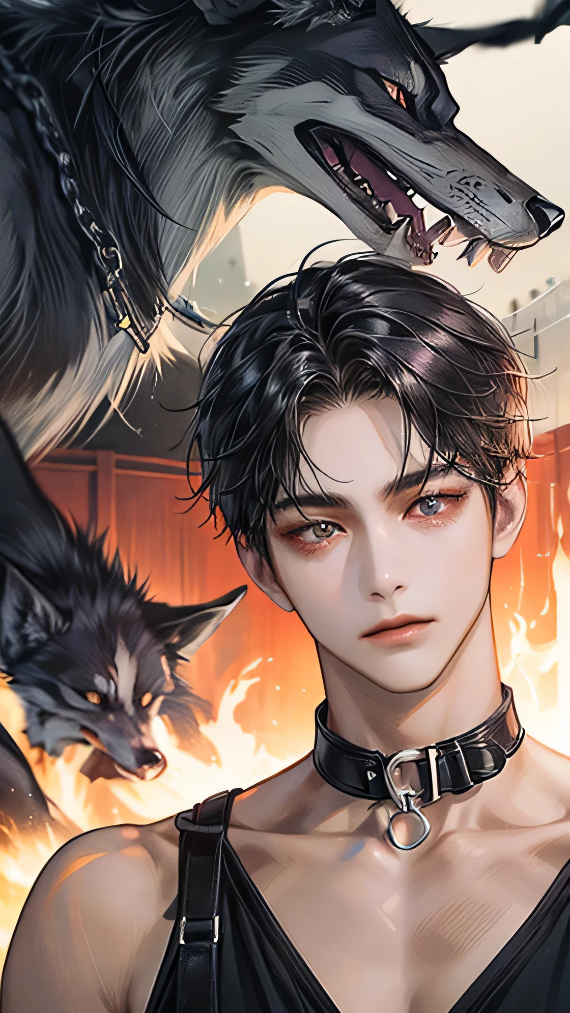 A demi-dog looking up at the camera. He has black hair. His outfit is a leather jacket with chained accessories and silver piercings. His black ears are perked up and his tail is noticeable in the background. He looks up at the camera with a angry glare and his eyes are orange. He wears a black collar with a silver tag on it. He's very dominant and has a menacing presence. He's very large and toned. In an anime boy style.
