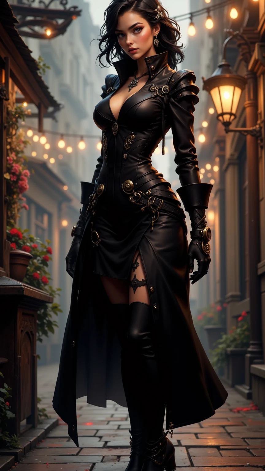 photo cinematic of seductress Assassin, smooth face and skin, pretty face, perfect anatomy, alluring pose. intricate details, empty night, medieval city background, ultra realistic, specular highlights, diffused lighting, unreal engine 5, ultra detail, octane render, illuminating lights.
