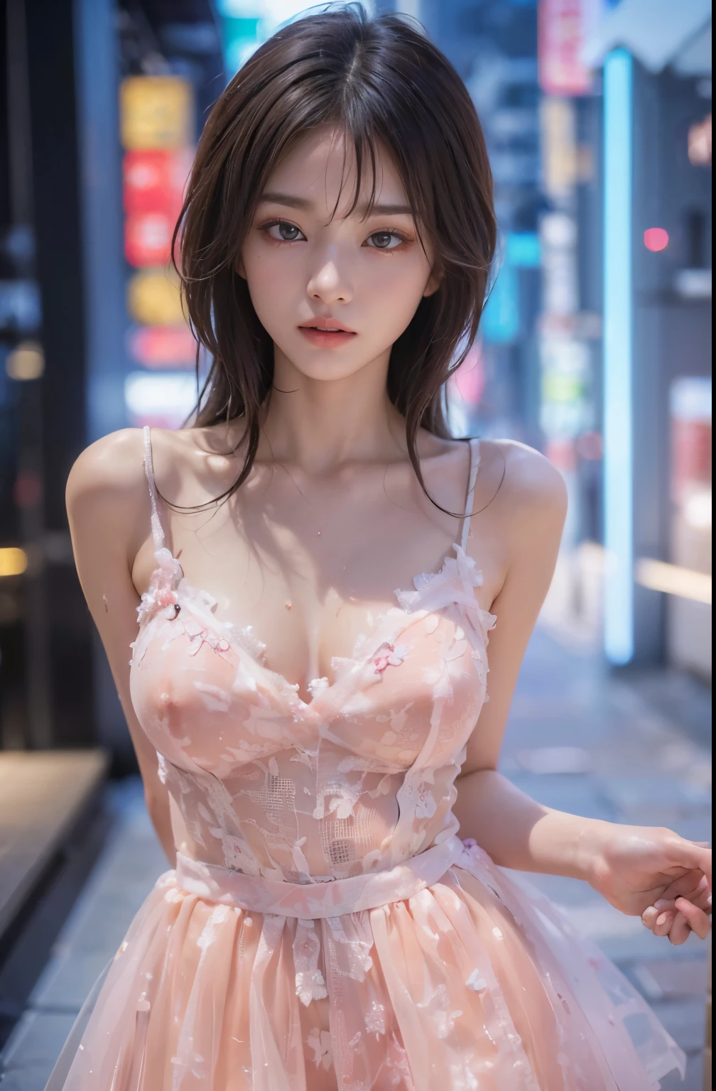 8k, masterpiece, RAW photo, best quality, photorealistic, extremely detailed CG unity 8k wallpaper, Depth of field, Cinematic Light, Lens Flare, Ray tracing, (extremely beautiful face, beautiful lips, beautiful eyes), intricate detail face, ((ultra detailed skin)) 1girl, in the dark, deep shadow, pretty korean girl, kpop idol,(very slim slender fit-muscled body:1.3), ((looking at viewer)),(big smile:1.3), (tight mini dress), (shot sleeve) , (dim lights, (neon sign), (big building), city night, cityscape ), (without people in the background:1.3), pretty korean girl, earrings, bracelets, dia necklace, pantyhose, clear eyes, walking , front shot, (pale skin), face forward, (big eyes), ((upper body shot)), ((silk Laced)), ((pink, white color dress:1.3)), (looking at viewer:1.3), (see through, laced dress), open breasts, Hermes bag